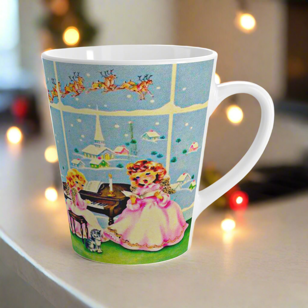 Little Angels Singing At Piano With Santa Reindeer And Church Vintage Retro Christmas Print Latte Coffee Mug