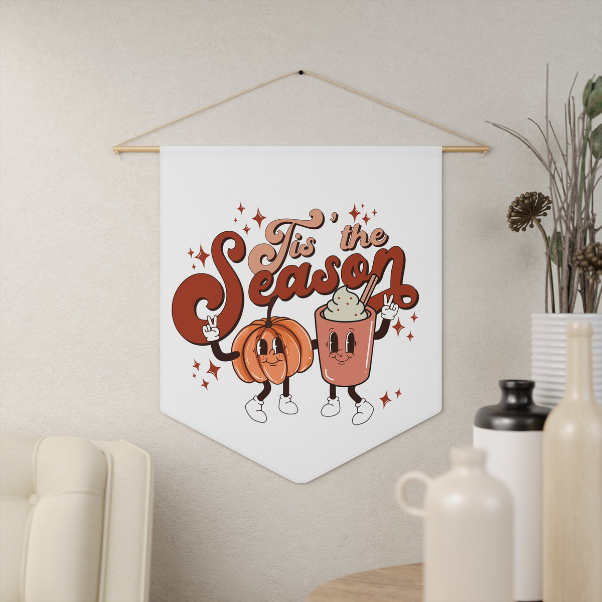 Tis The Season For Pumpkin Spice Friends Retro Style Fall Autumn Wall Hanging Banner Flag