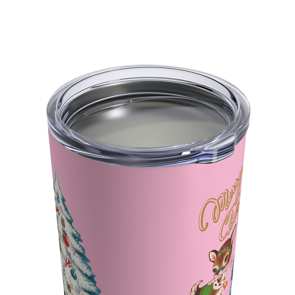 Merry Christmas Reindeer Christmas Tree Retro Pink Christmas Print Stainless Steel Tumbler 10oz