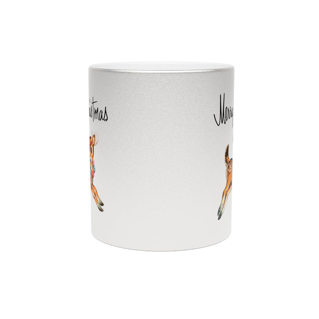 Merry Christmas Mid Century Retro Reindeer Print Silver Metallic Mug