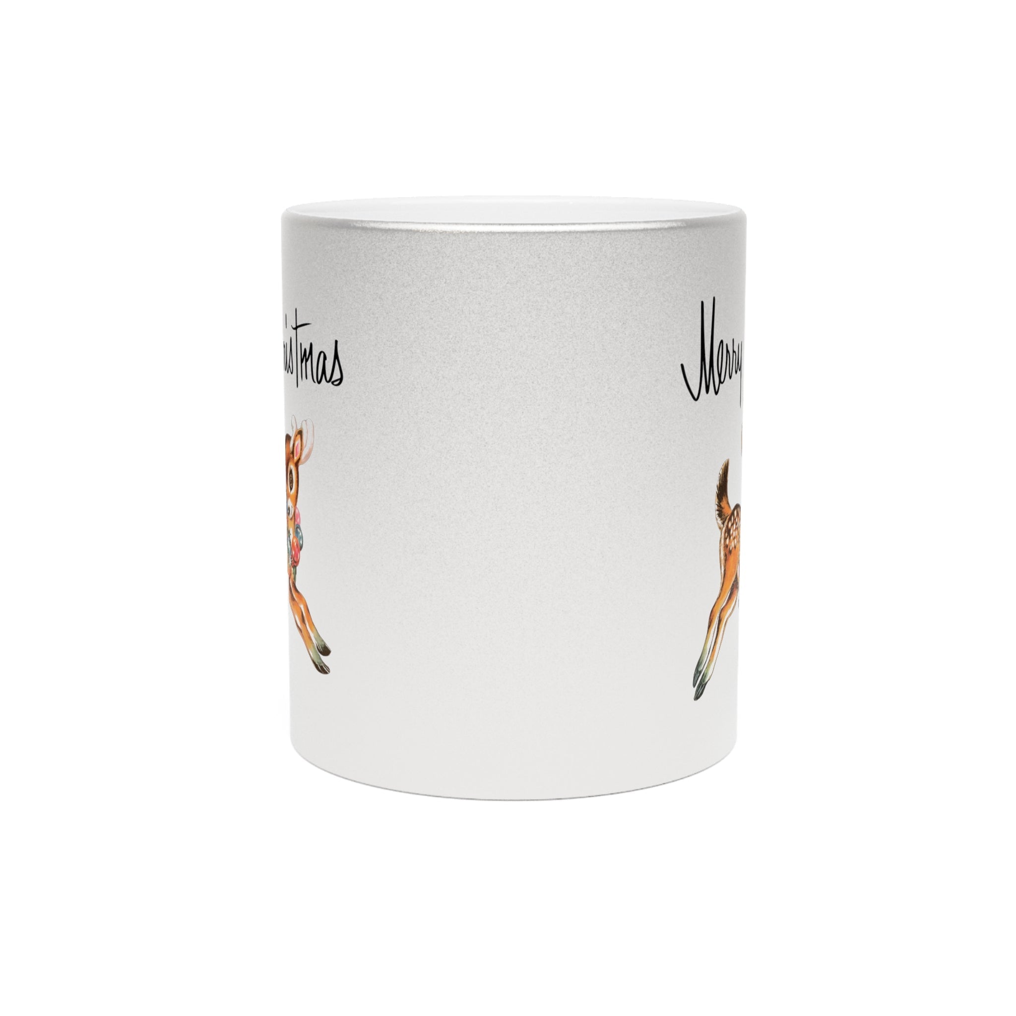 Merry Christmas Mid Century Retro Reindeer Print Silver Metallic Mug