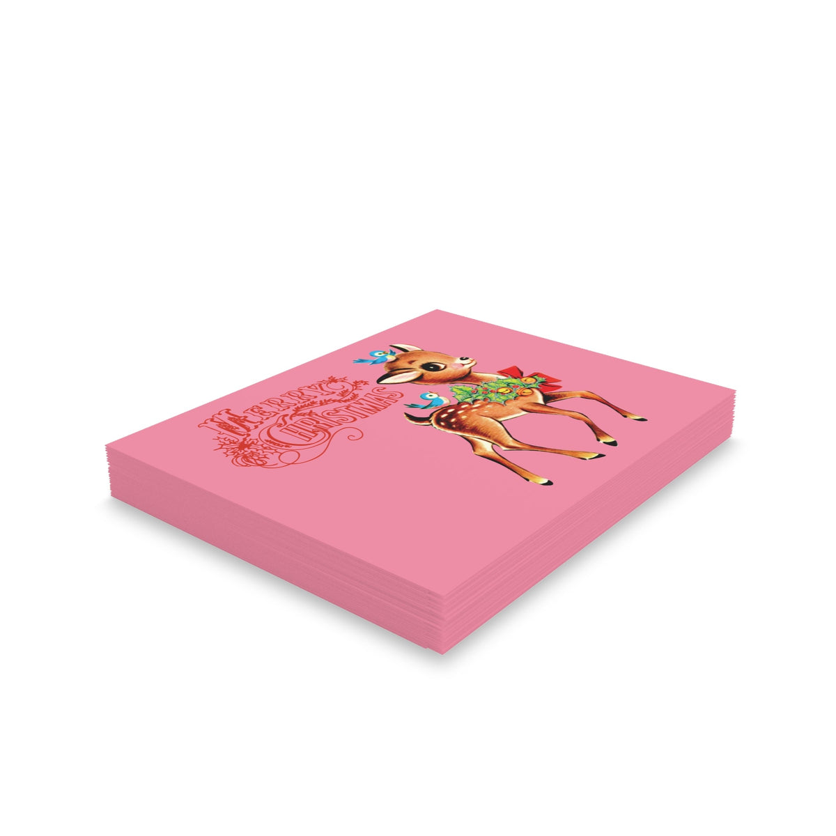 Merry Christmas Reindeer Bluebirds Mid Century Retro Christmas Print Matte Greeting Cards (8, 16, and 24 pcs)