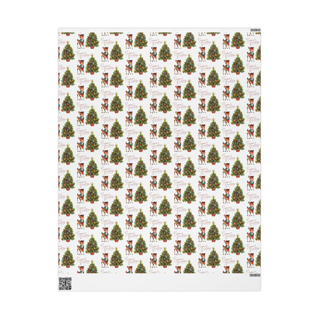 Season's Greetings Reindeer With Wreath And Christmas Tree Mid Century Retro Christmas Print Holiday Gift Wrap Paper - Glossy Or Matte