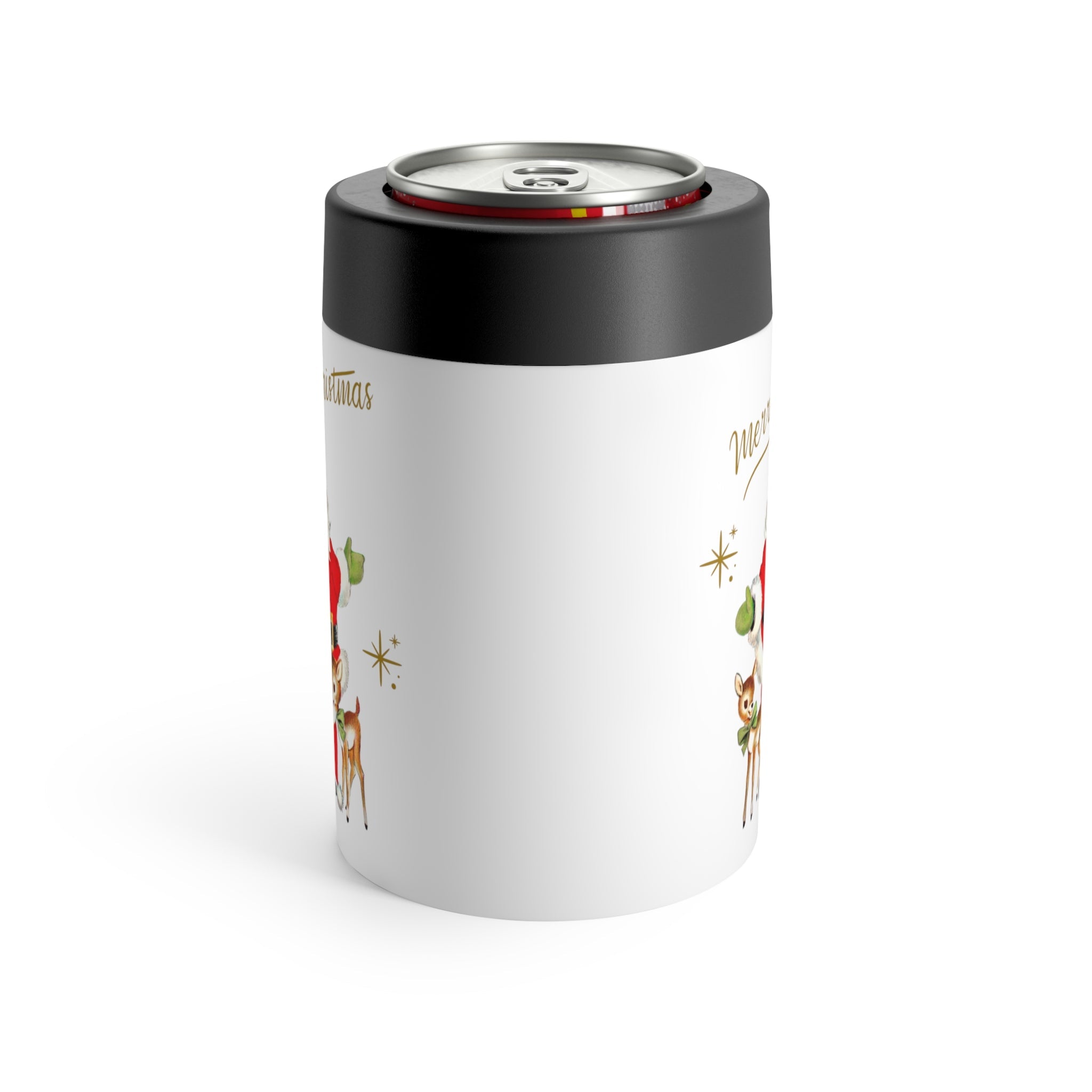 Merry Christmas Santa Baby Reindeer Gold Stars Mid Century Retro Christmas Print Stainless Steel Can Holder