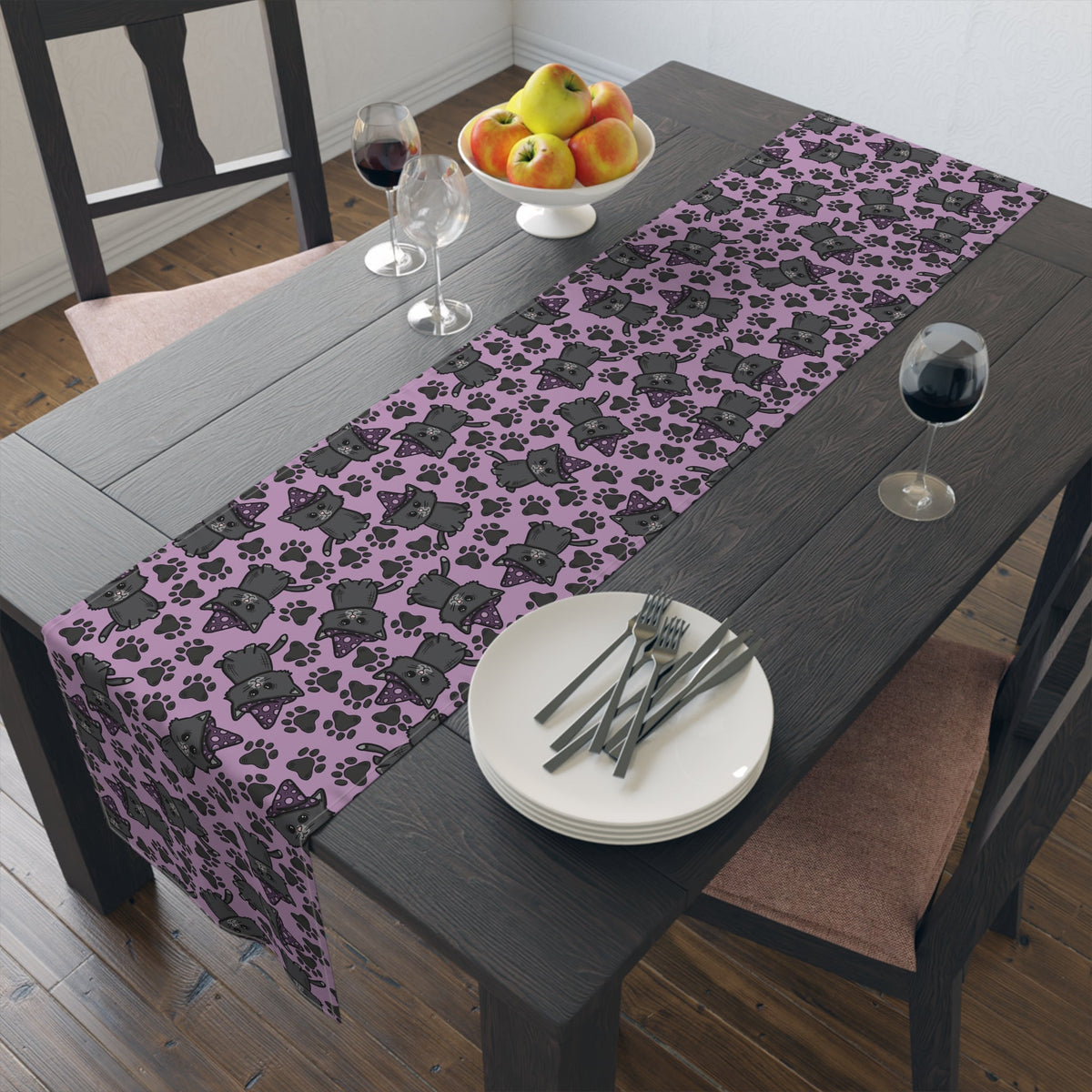 Witchy Kitties Cute Halloween Print Fall Autumn Decor Purple Cotton Poly Table Runner