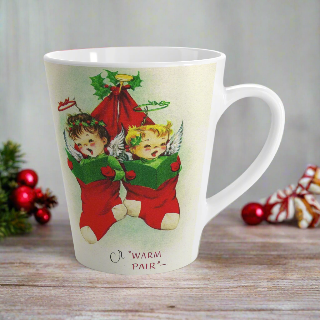 A Warm Pair Christmas Angels In Stocking Retro Christmas Print Latte Coffee Mug
