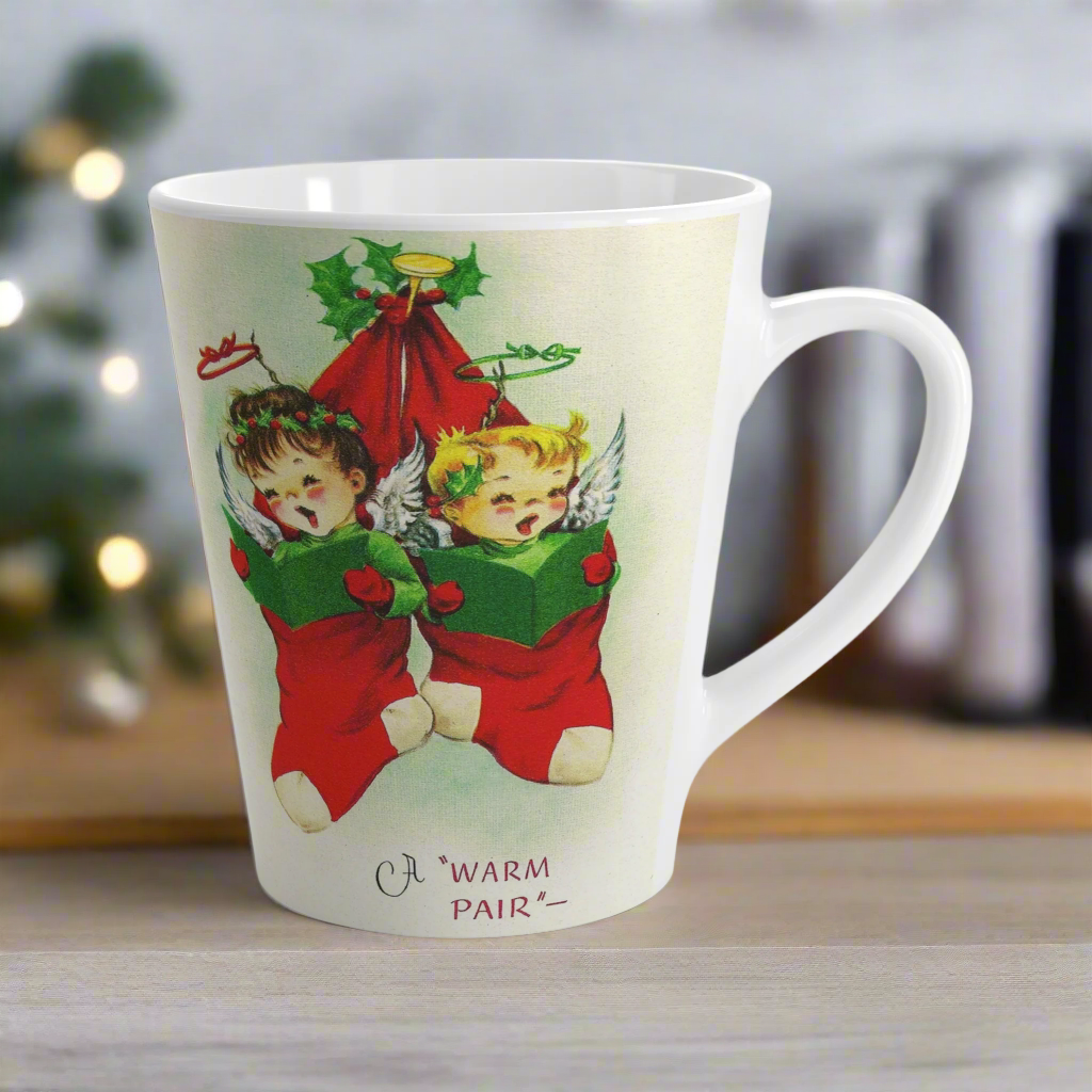 A Warm Pair Christmas Angels In Stocking Retro Christmas Print Latte Coffee Mug