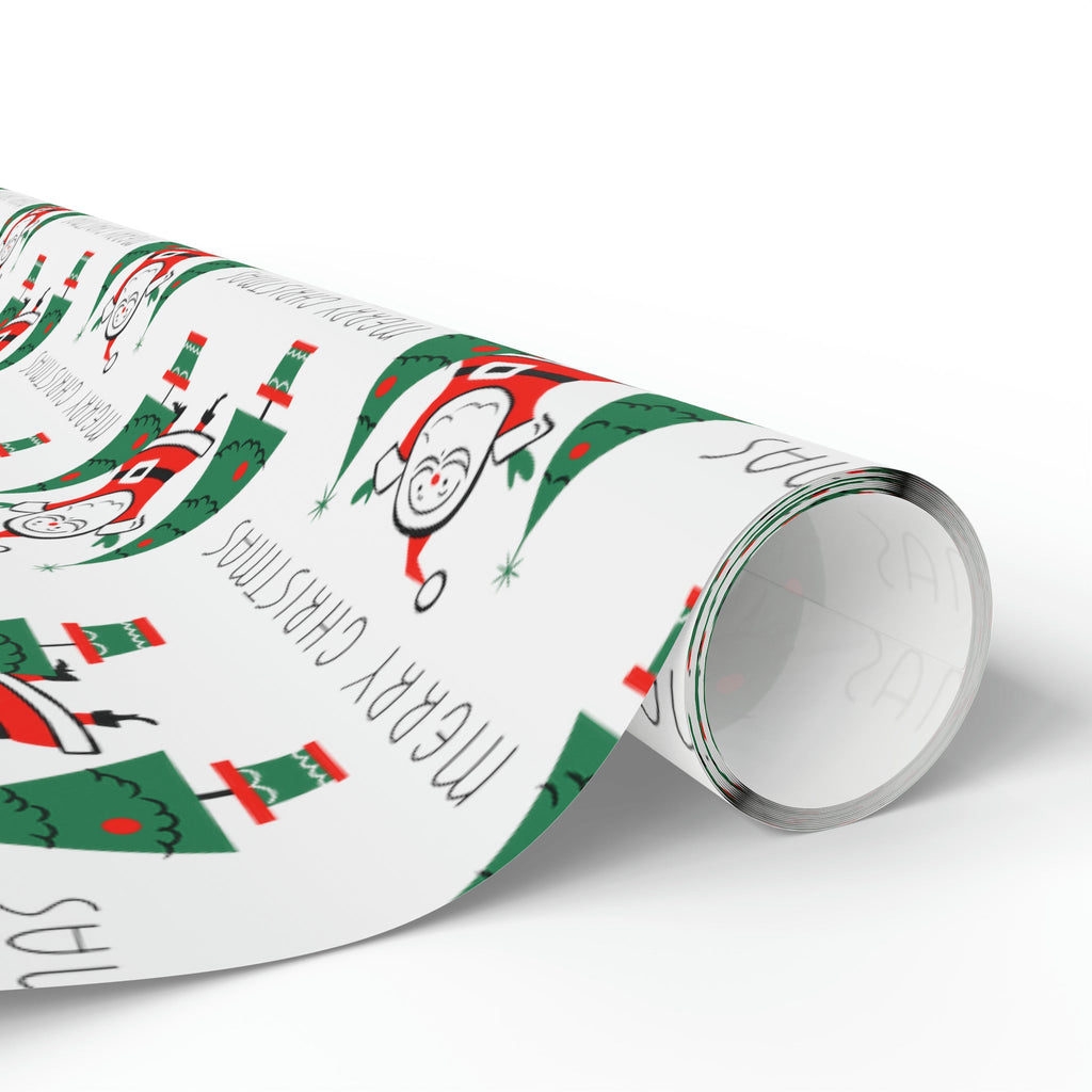 Merry Christmas Santa Christmas Trees Mid Century Retro Christmas Print Holiday Gift Wrap Paper - Glossy Or Matte