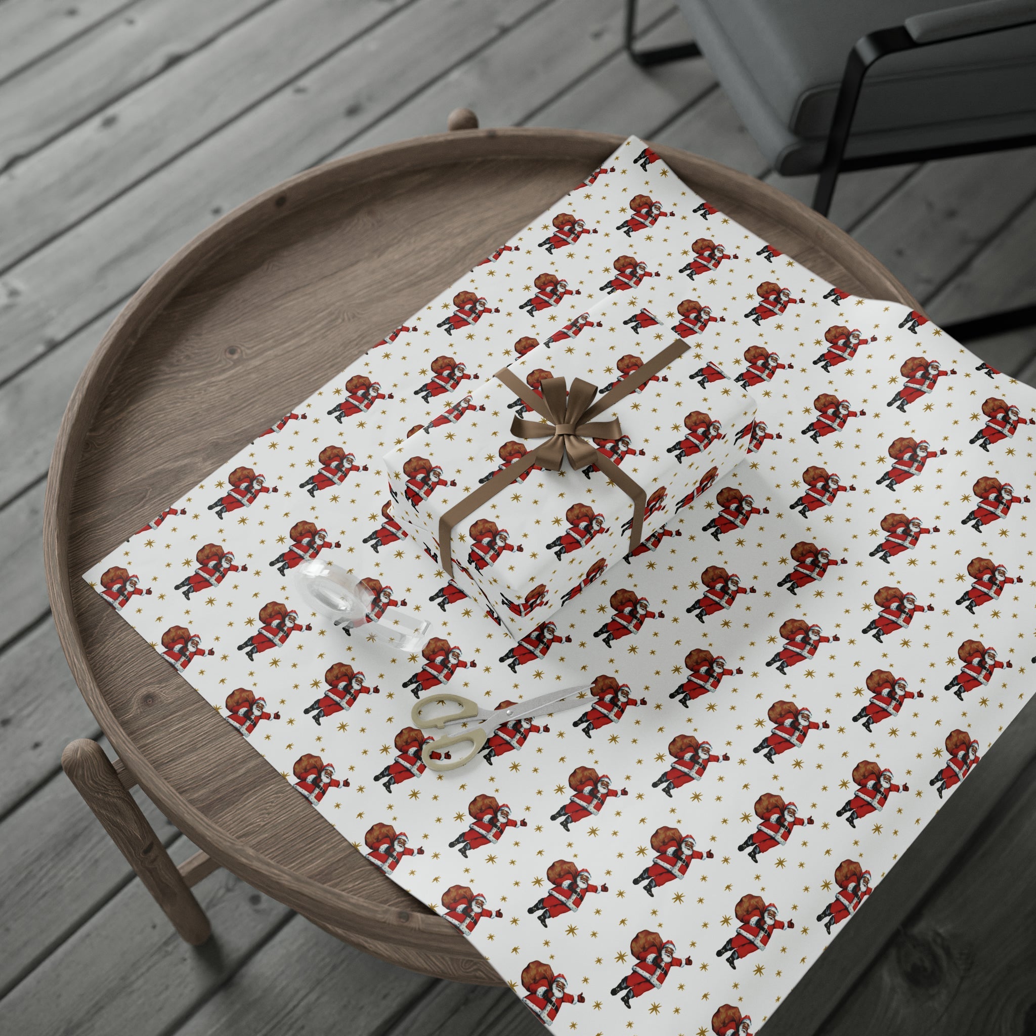 Santa Gold Stars Mid Century Retro Christmas Print Holiday Gift Wrap Paper - Glossy Or Matte