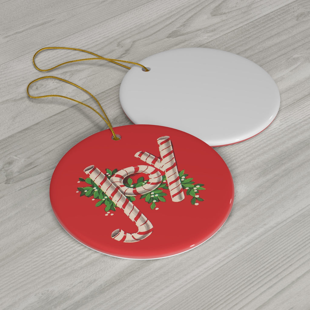 Joy Candy Canes Mid Century Retro Christmas Print Ceramic Ornament