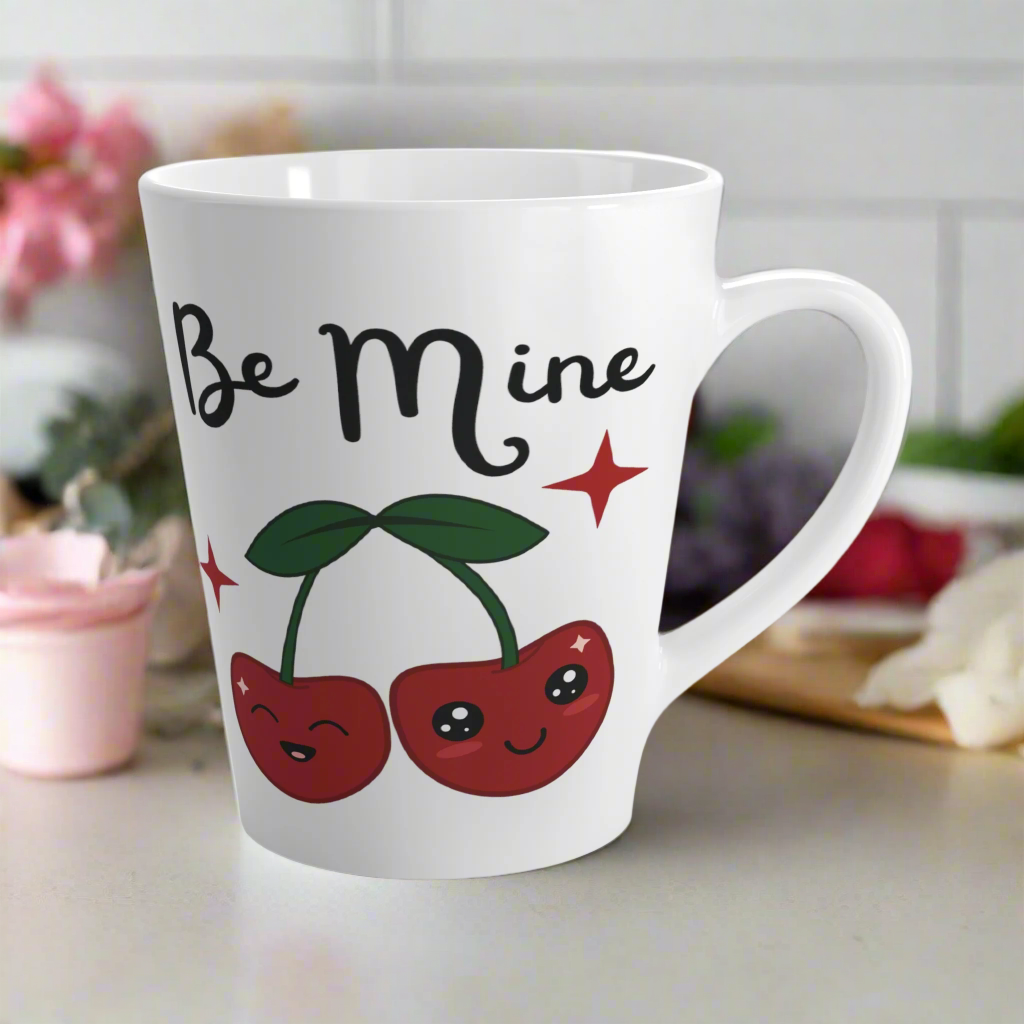 Be Mine Valentine's Day Pair Of Cherries Retro Style Ceramic Latte Coffee Mug