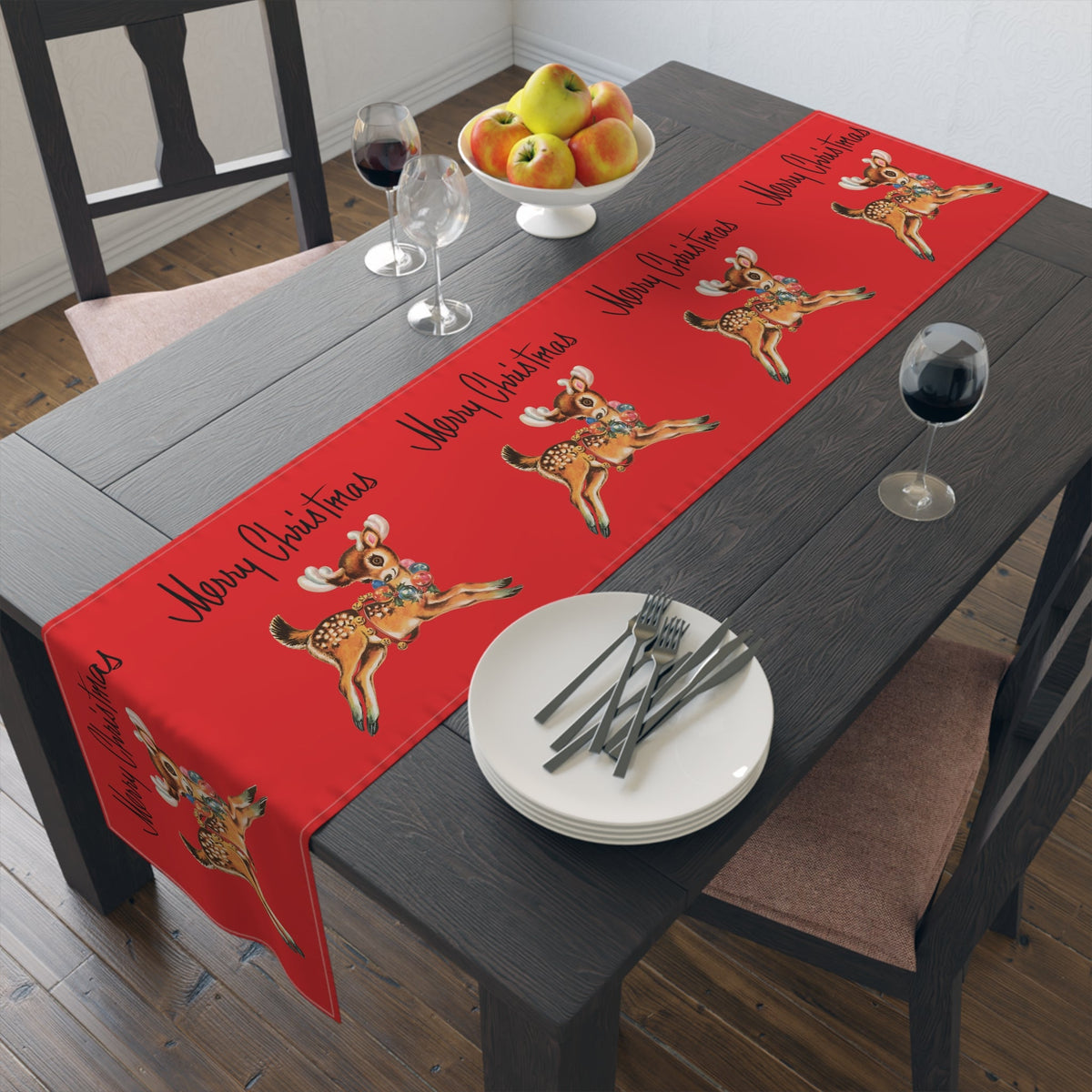 Merry Christmas Reindeer Mid Century Red Retro Christmas Print Home Decor Cotton Poly Table Runner
