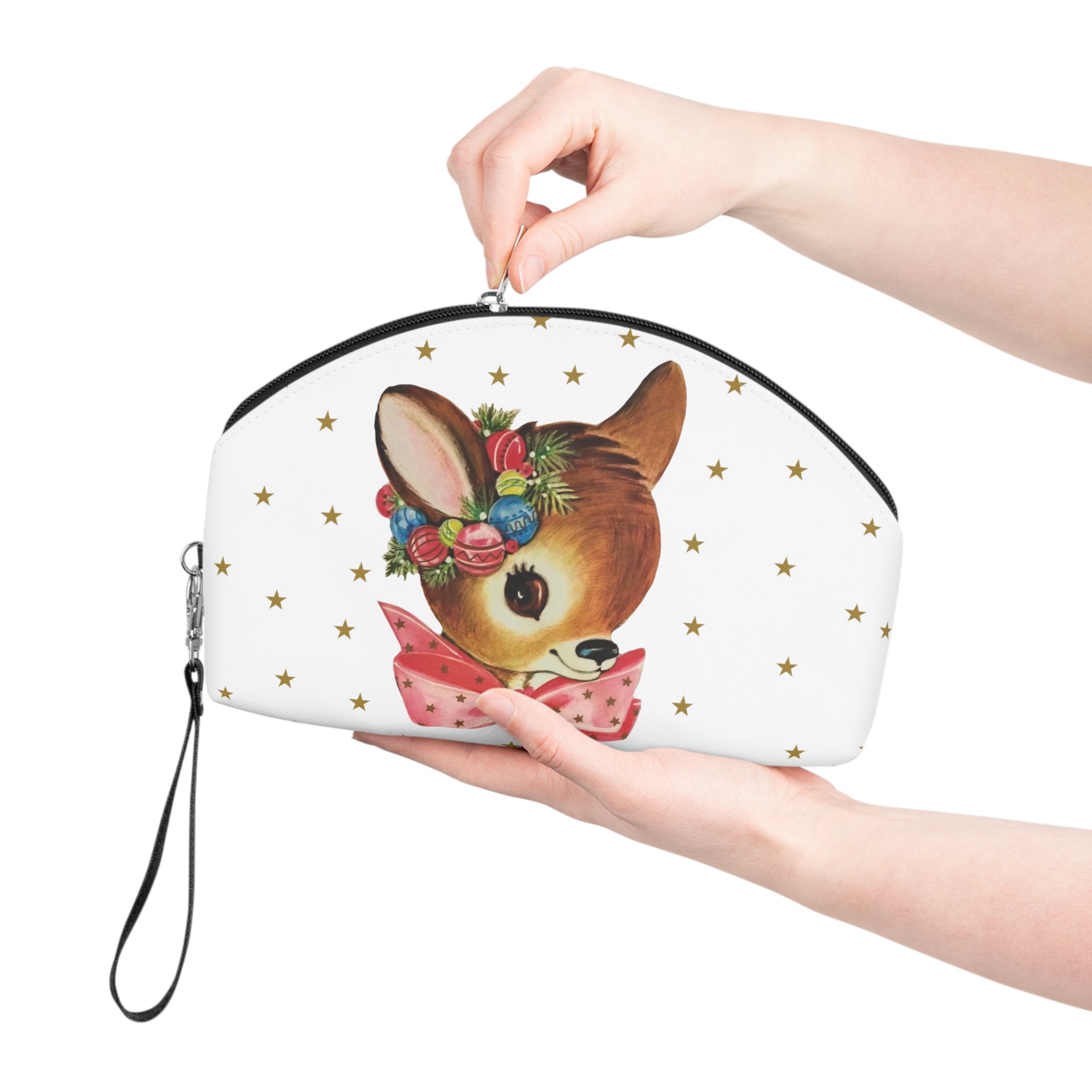 Reindeer Gold Stars Retro Christmas Print Travel Cosmetic Makeup Bag