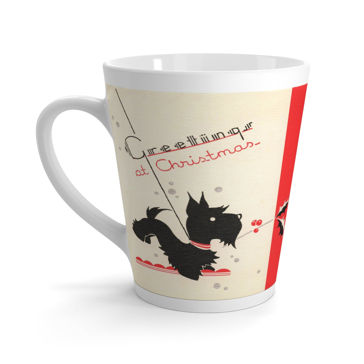 Greetings At Christmas Black Scottie Mid Century Retro Christmas Print Latte Coffee Mug