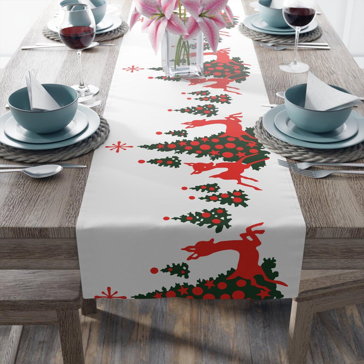 Red Reindeer Christmas Trees Midcentury Retro Polyester Table Runner