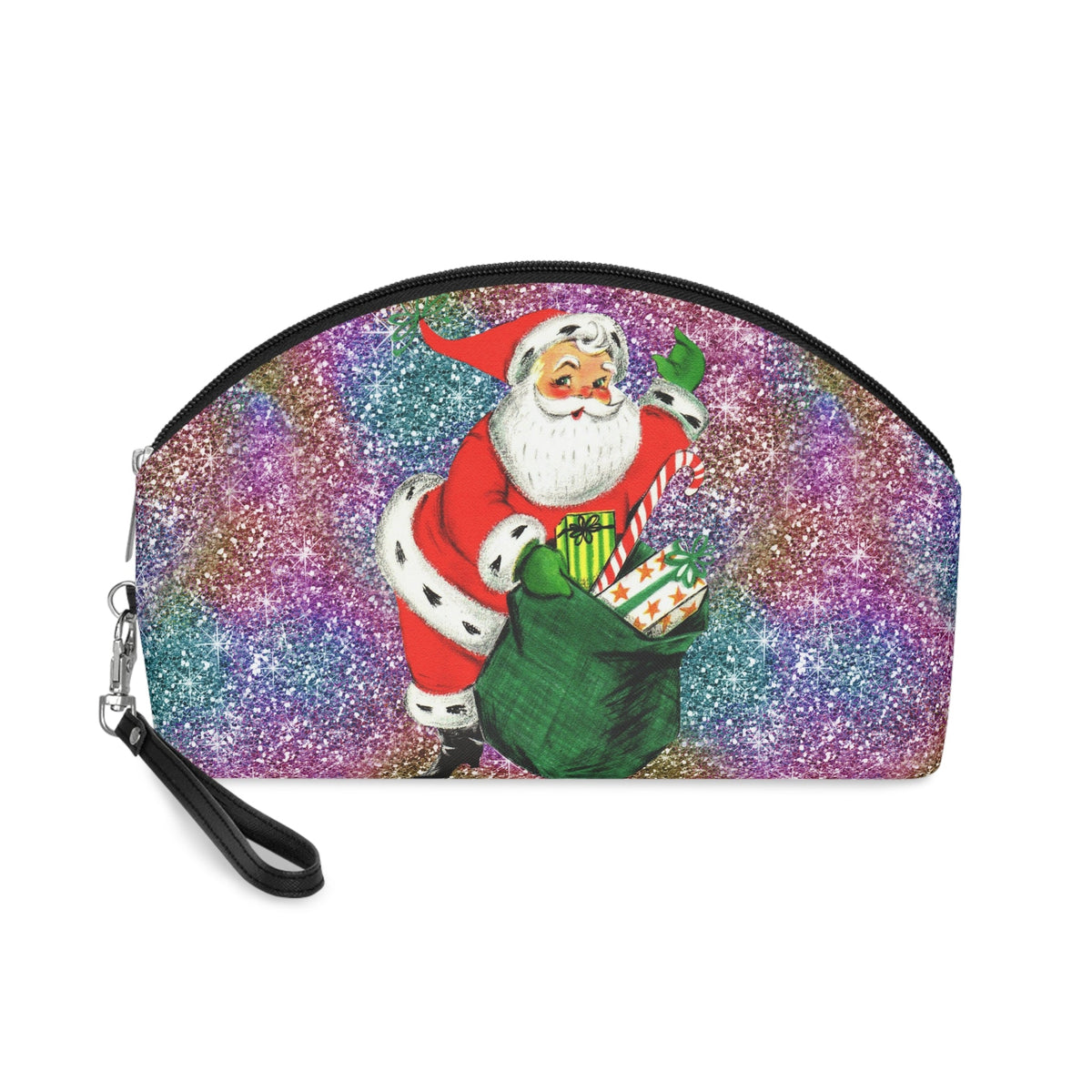 Santa With His Sack Of Presents Glitter Background Mid Century Retro Christmas Print Cosmetic Travel Makeup Bag