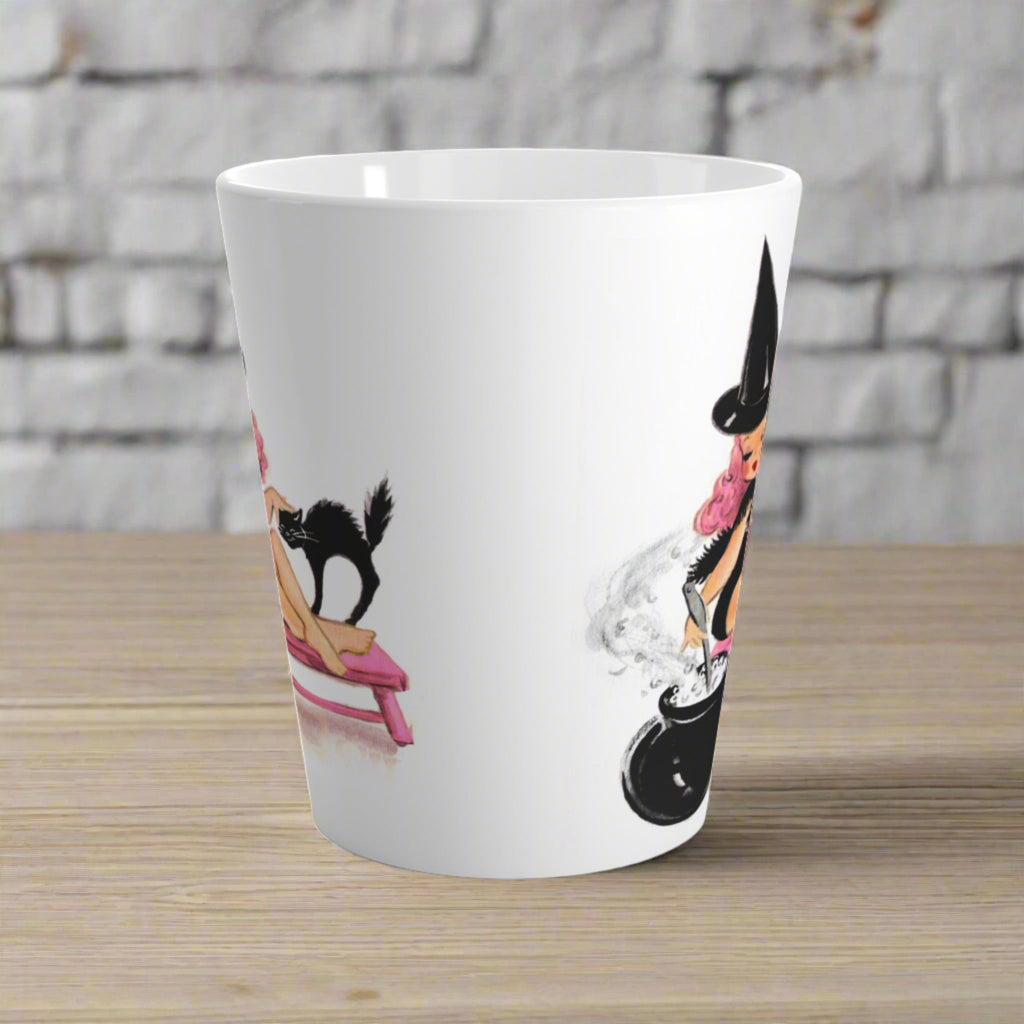 Pink Witch Black Cat Cauldron  Halloween Retro Print Latte Mug
