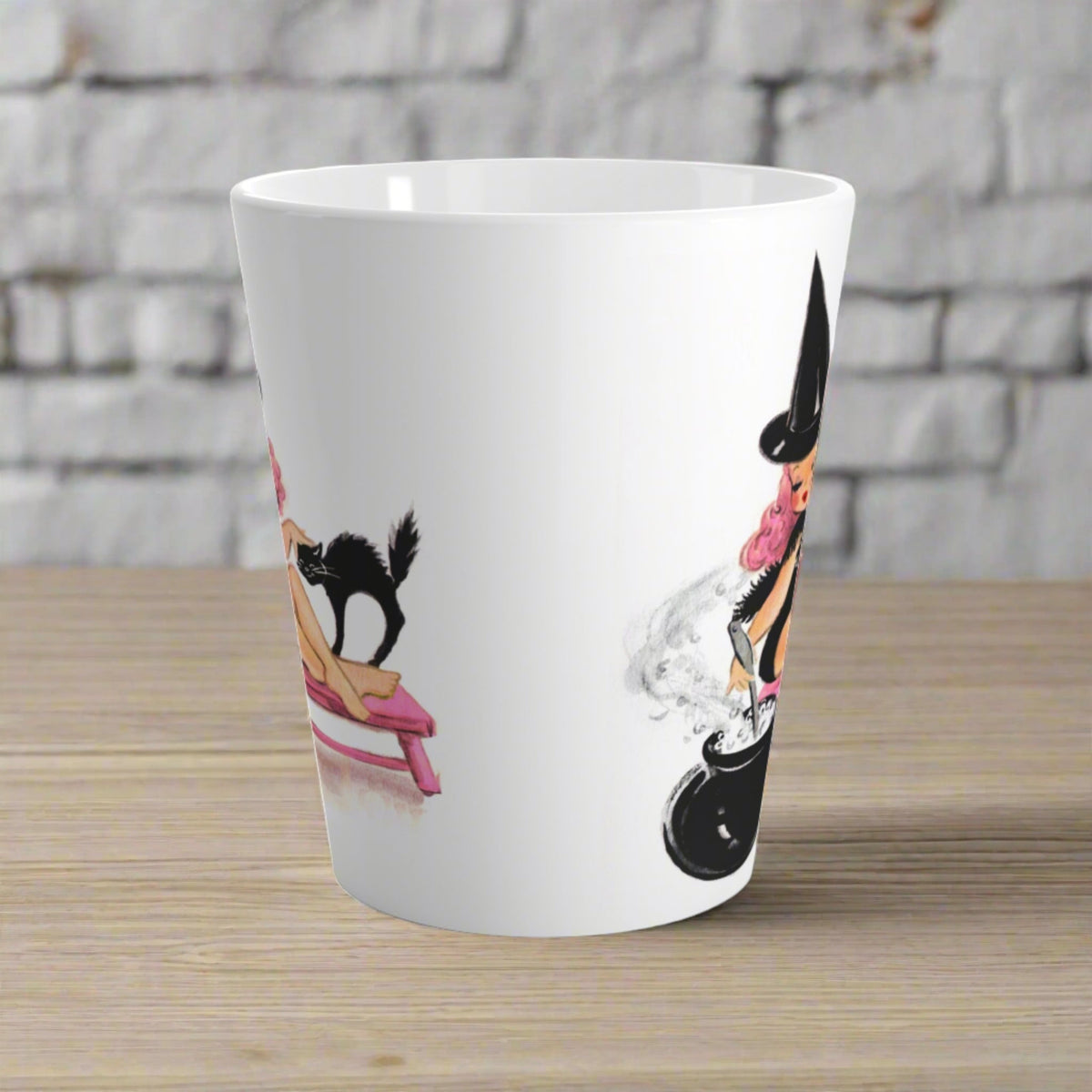 Pink Witch Black Cat Cauldron  Halloween Retro Print Latte Mug