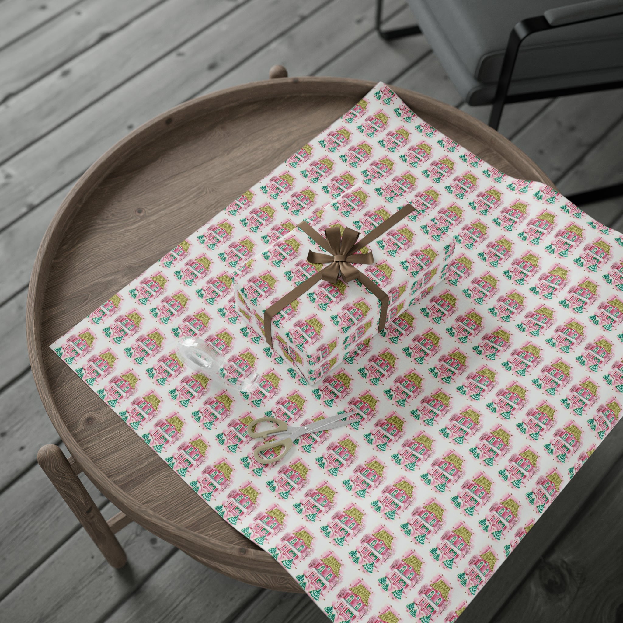 Pink Christmas House Mid Century Retro Christmas Print Holiday Gift Wrap Paper - Glossy Or Matte