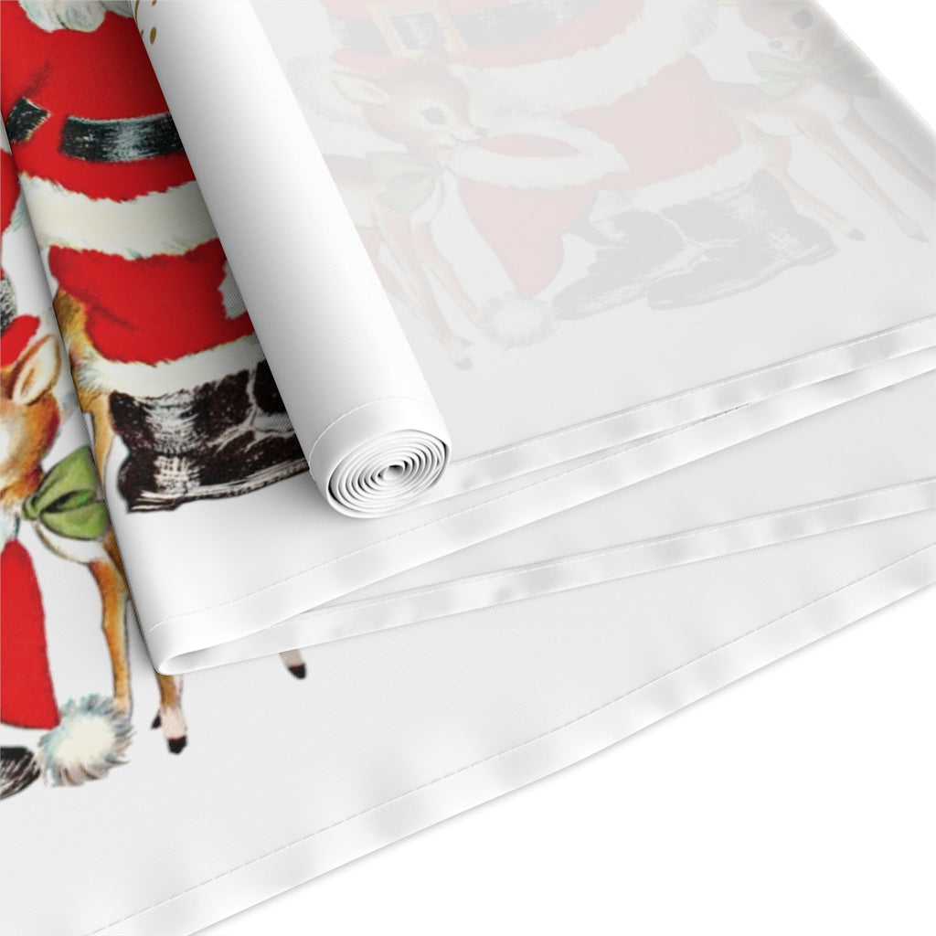 Merry Christmas Santa Reindeer Gold Stars Retro Christmas Table Runner