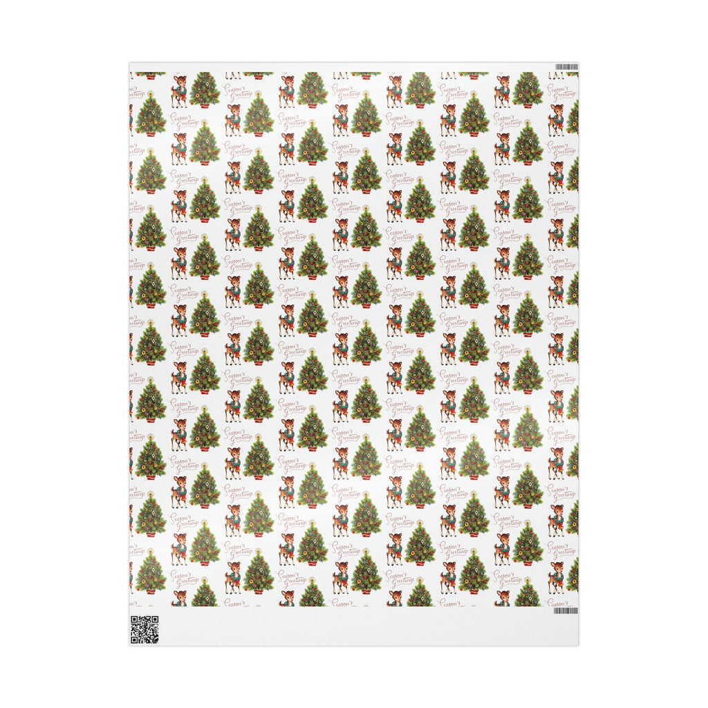 Season's Greetings Reindeer With Wreath And Christmas Tree Mid Century Retro Christmas Print Holiday Gift Wrap Paper - Glossy Or Matte