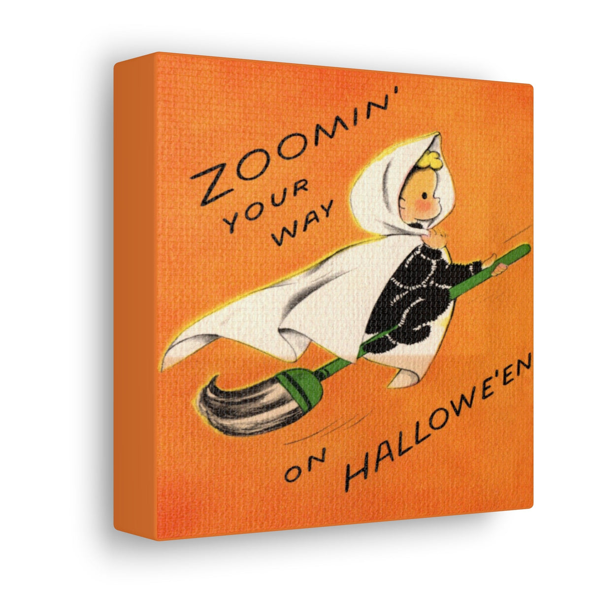 Zoomin' Your Way On Halloween Orange Witch On Broom Retro Halloween Decor Print Canvas Gallery Wrap