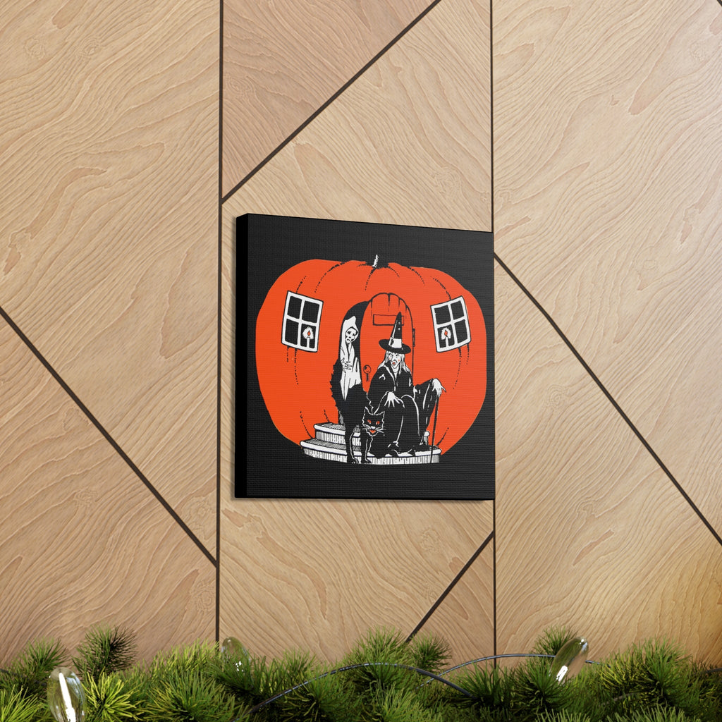 Pumpkin House Witch Black Cat Retro Halloween Decor Print Canvas Gallery Wrap
