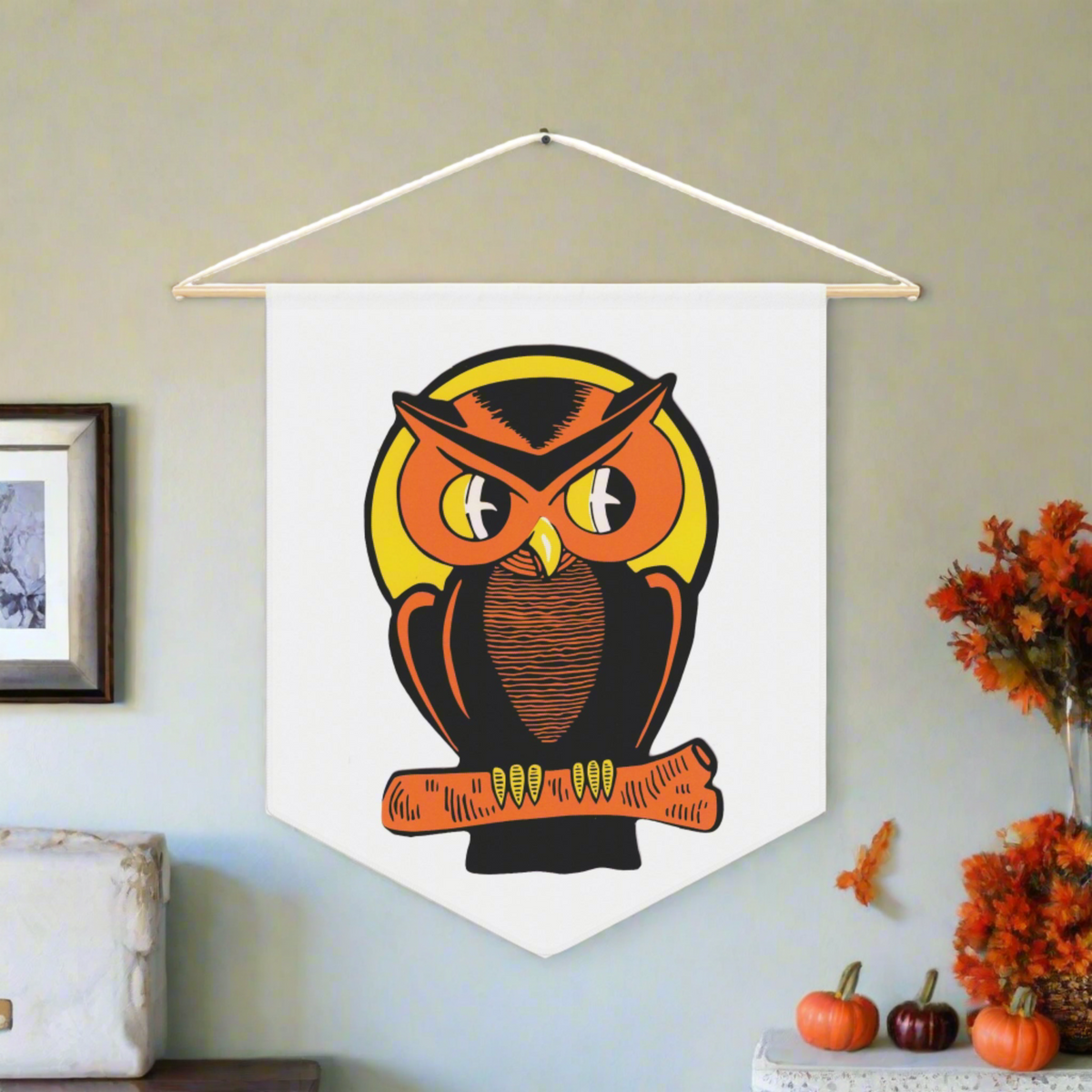 Orange Halloween Owl Mid Century Retro Halloween Print Decor Print Wall Hanging Banner Flag