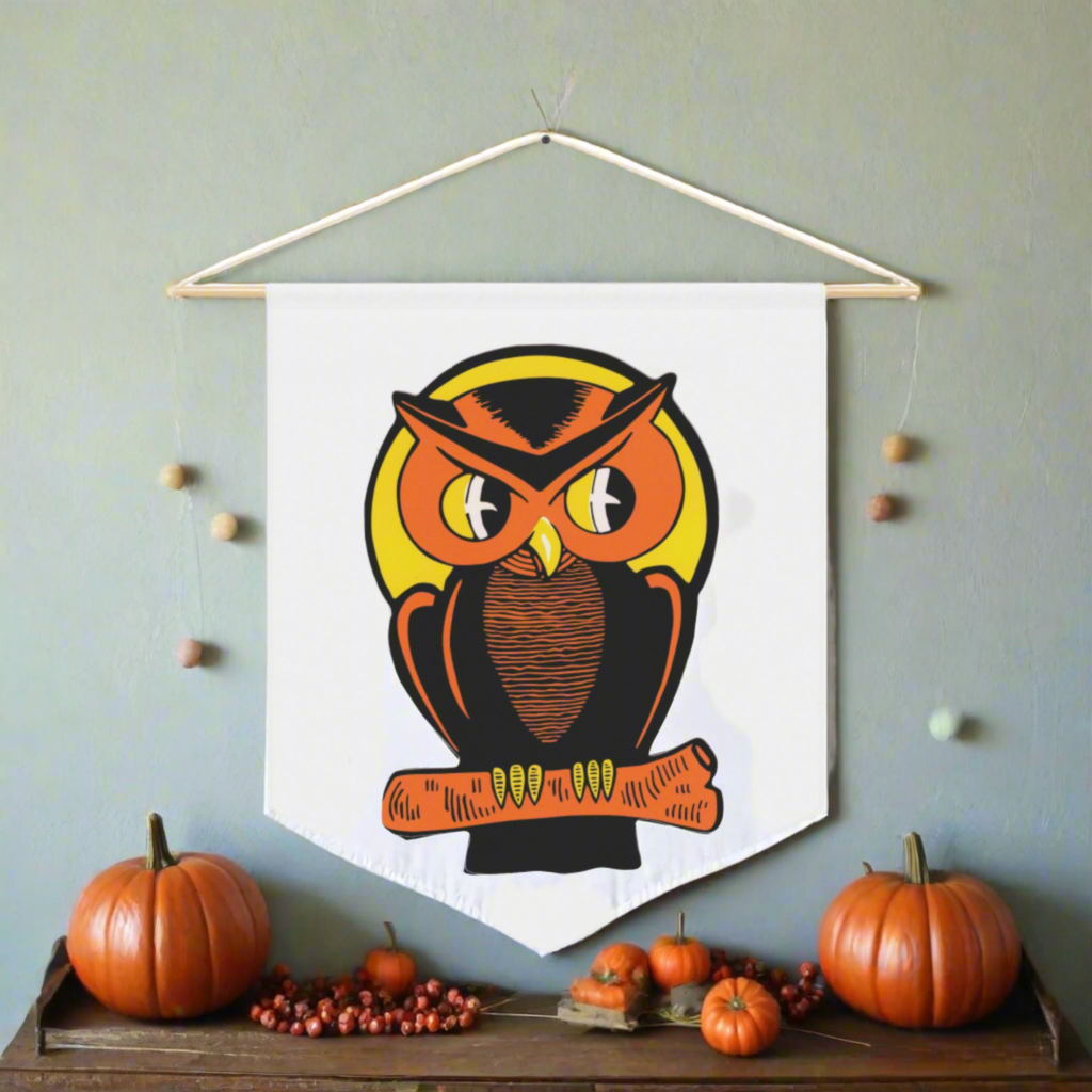 Orange Halloween Owl Mid Century Retro Halloween Print Decor Print Wall Hanging Banner Flag