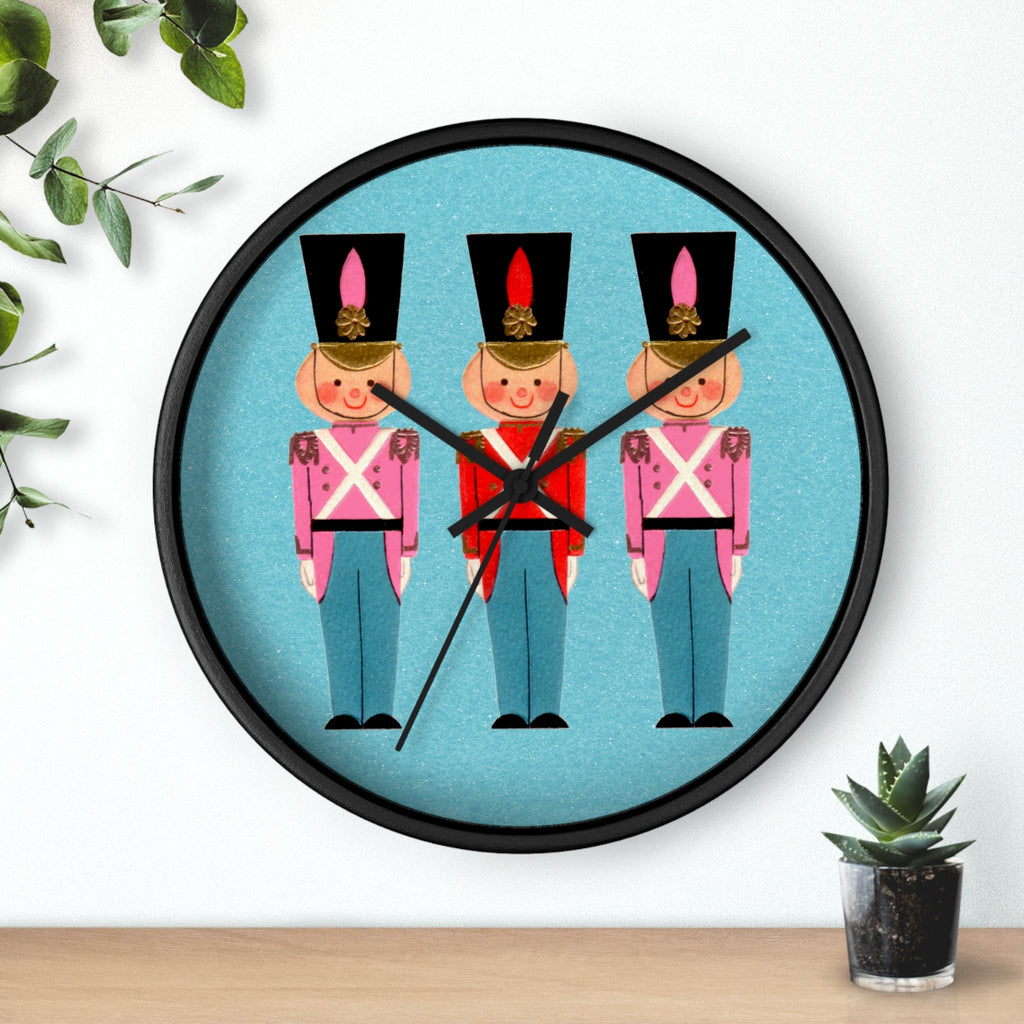 Christmas Toy Soldiers Blue Mid Century Retro Christmas Print Christmas Wall Clock - Black or White