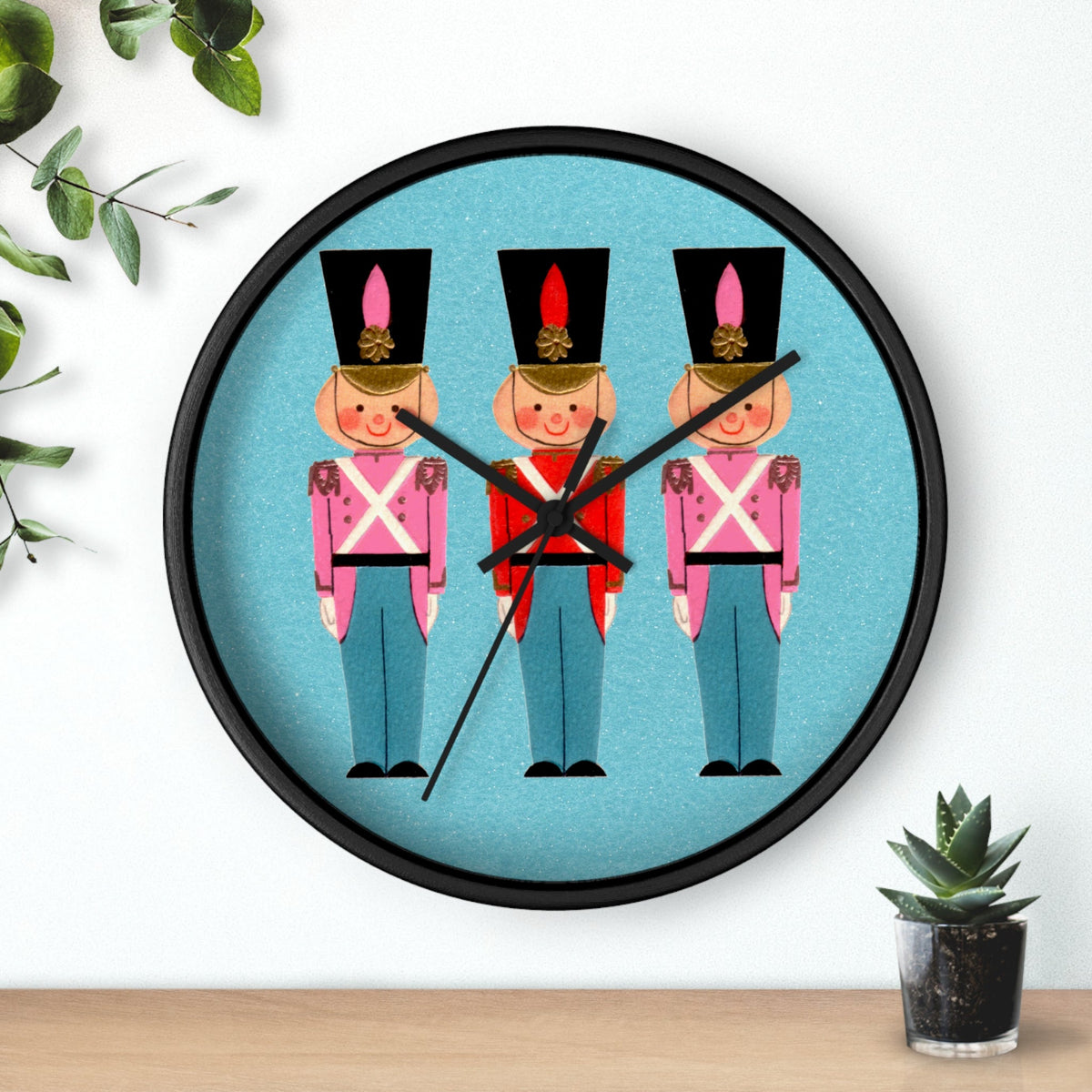 Christmas Toy Soldiers Blue Mid Century Retro Christmas Print Christmas Wall Clock - Black or White