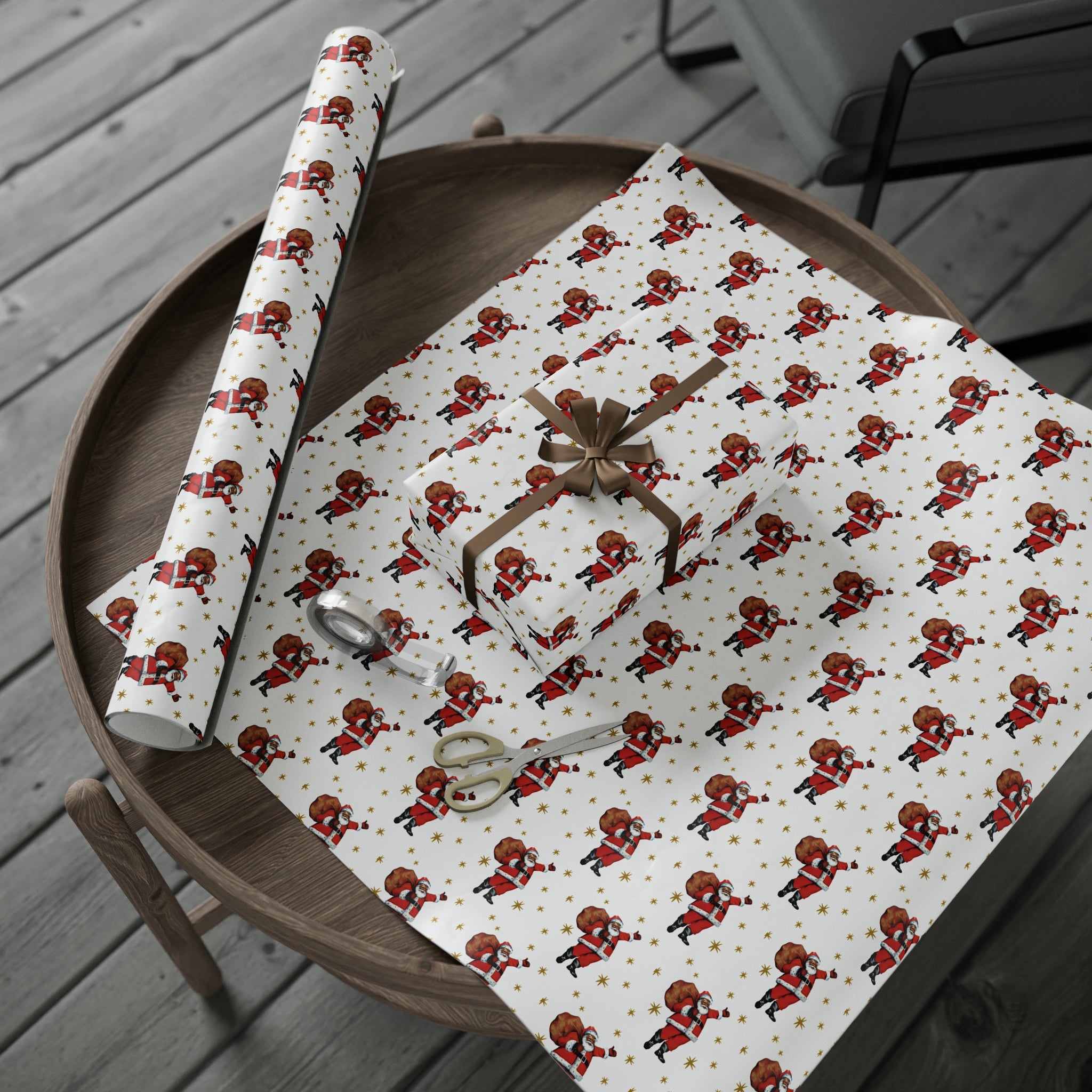 Santa Gold Stars Mid Century Retro Christmas Print Holiday Gift Wrap Paper - Glossy Or Matte