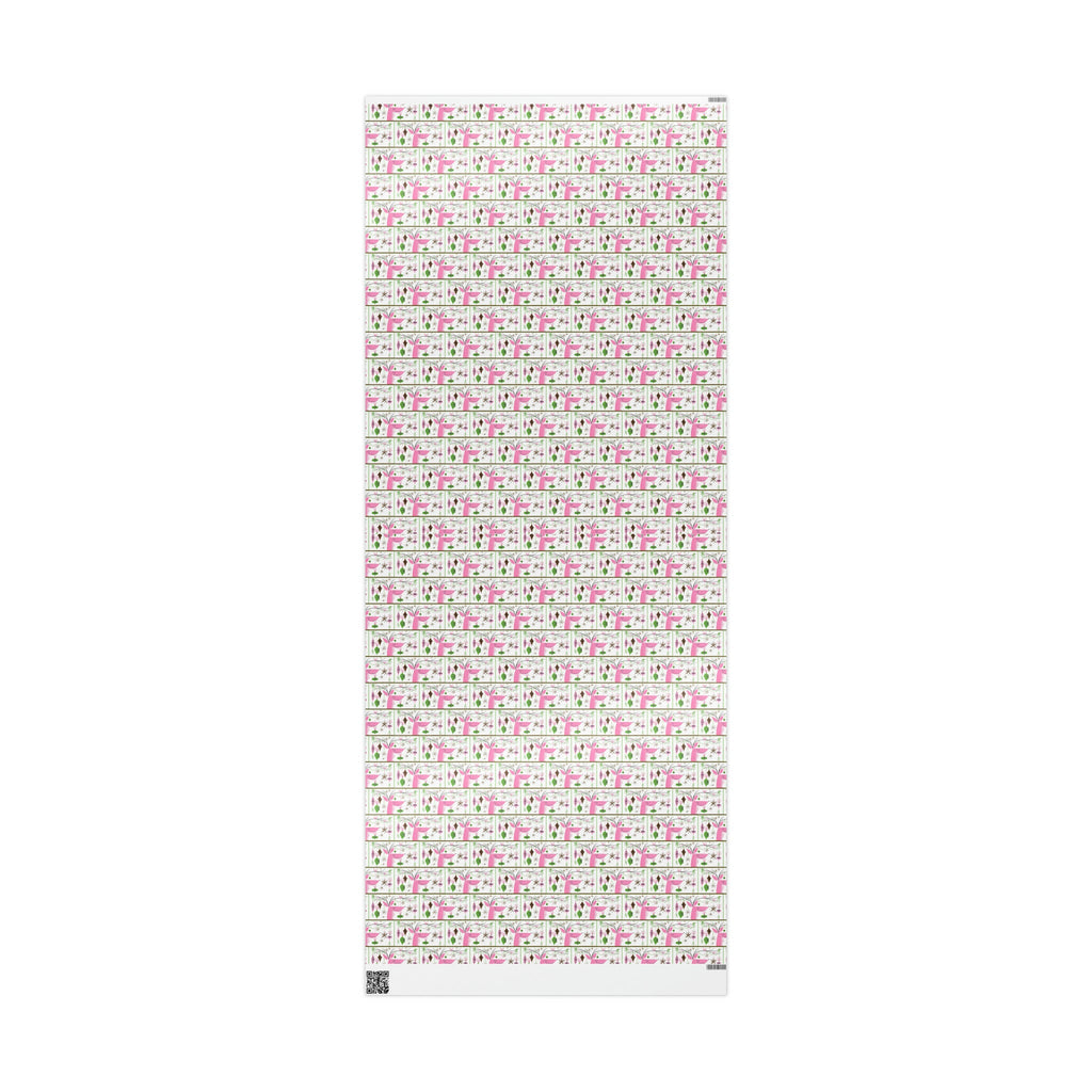 Pink Christmas Reindeer With Ornaments Mid Century Retro Christmas Print Holiday Gift Wrap Paper - Glossy Or Matte
