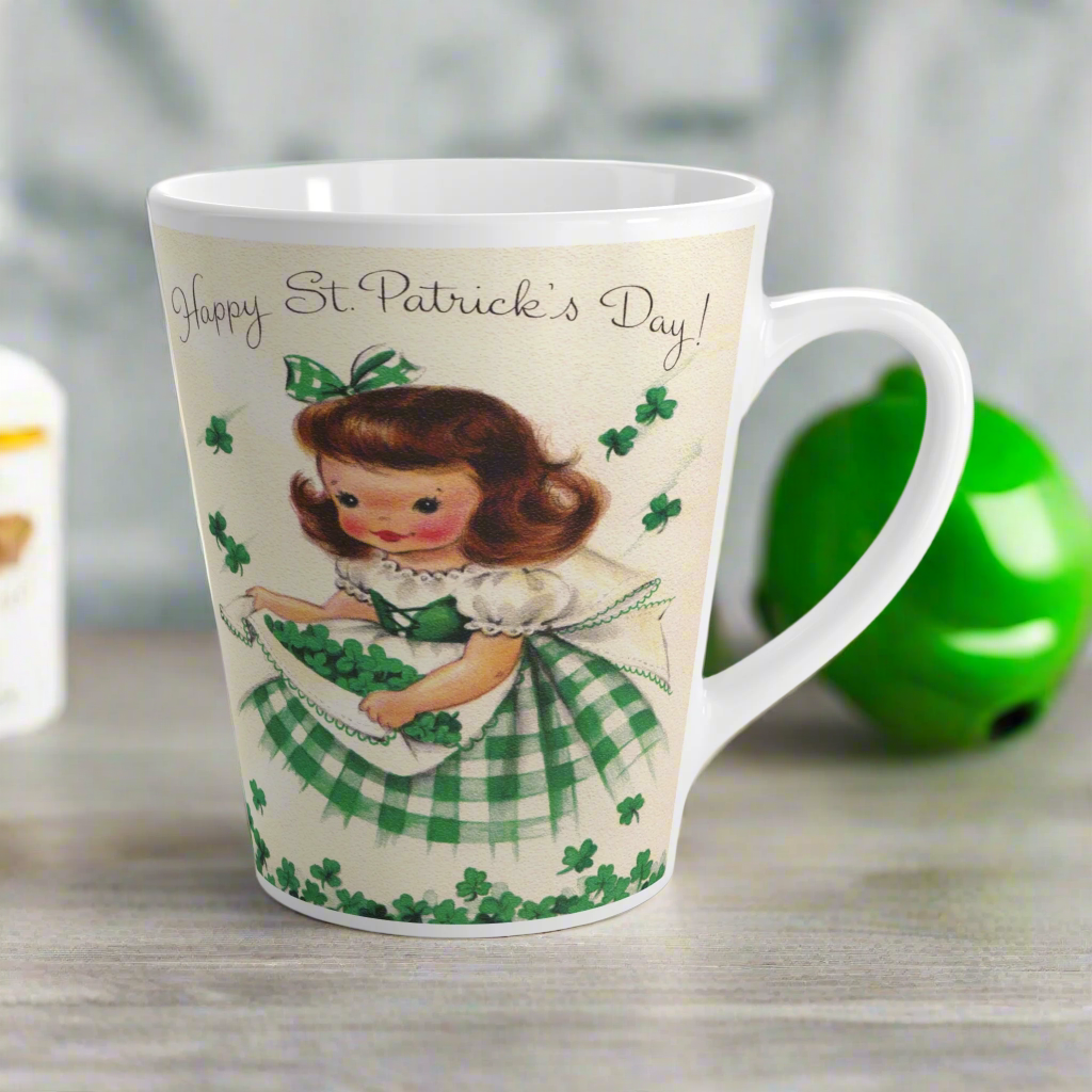 Happy St. Patrick's Day Girl Gathering Shamrocks Retro Latte Coffee Mug