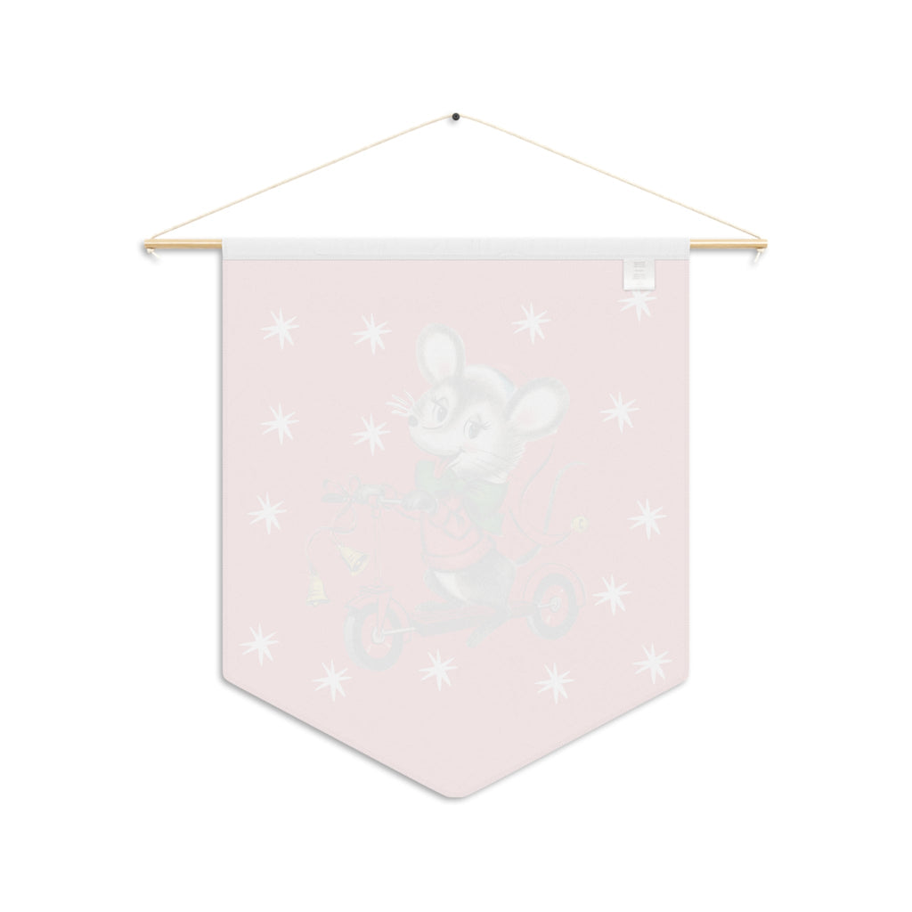 Christmas Mouse On Scooter Stars Red Retro Mid Century Christmas Print Style Decor Print Wall Hanging Banner Flag