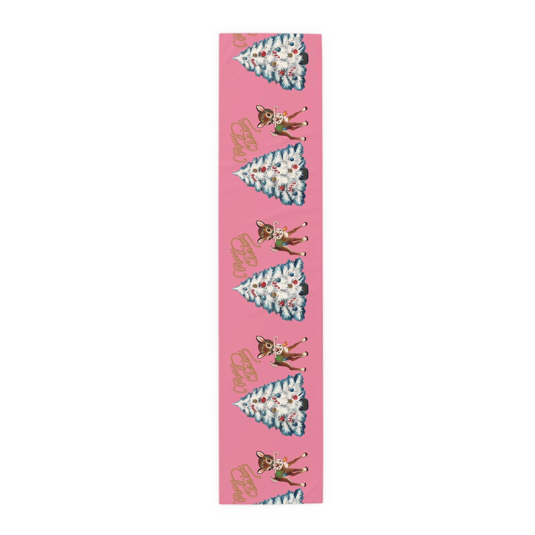 Merry Christmas Tree And Reindeer Pink Retro Christmas Print Home Decor Cotton Poly Table Runner