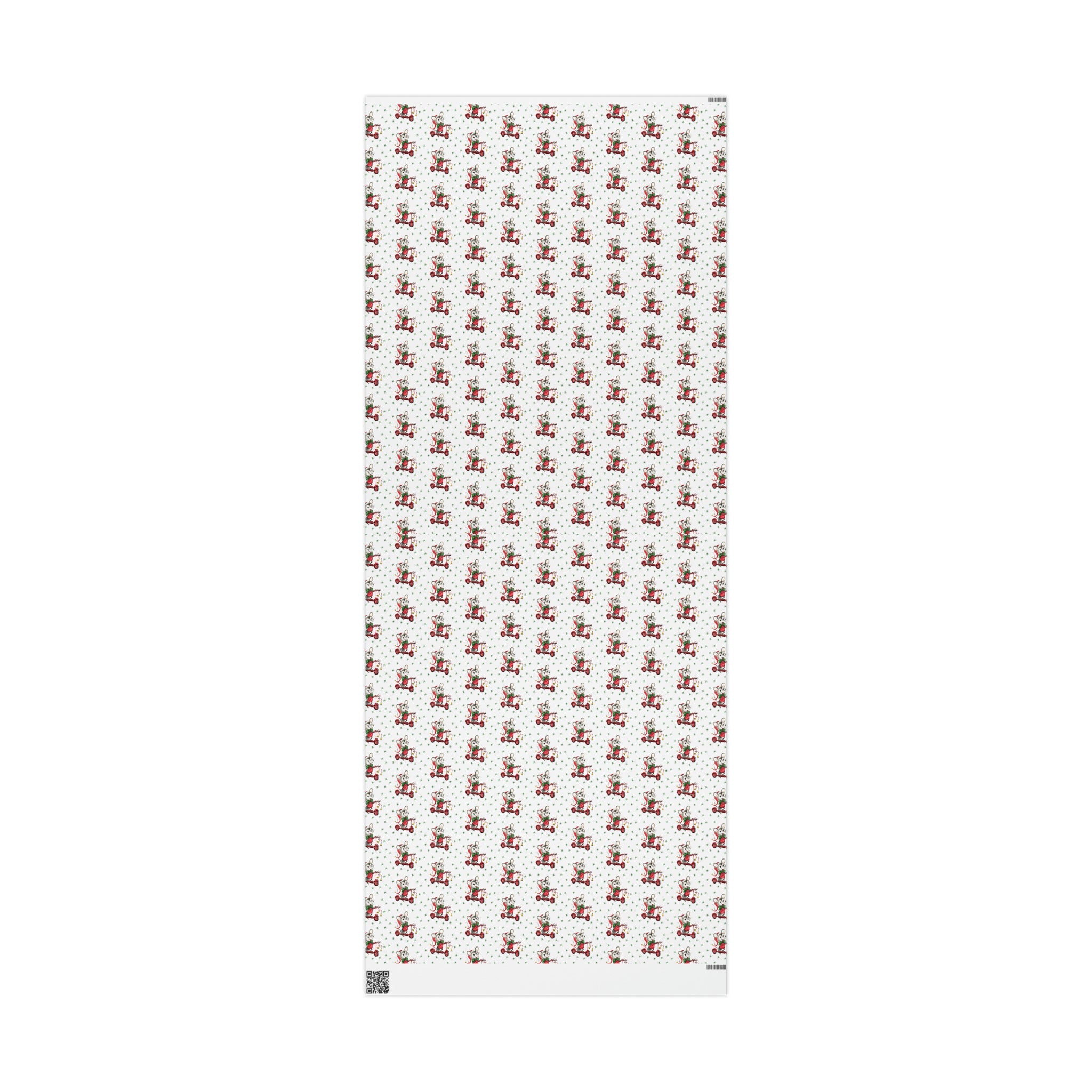 Christmas Mouse On Scooter Green Stars Mid Century Retro Christmas Print Holiday Gift Wrap Paper - Glossy Or Matte