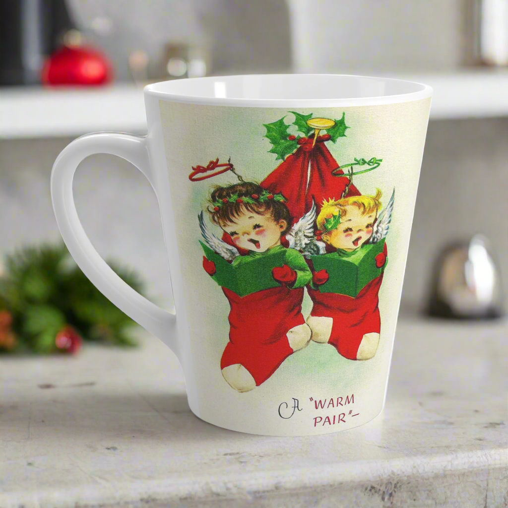 A Warm Pair Christmas Angels In Stocking Retro Christmas Print Latte Coffee Mug