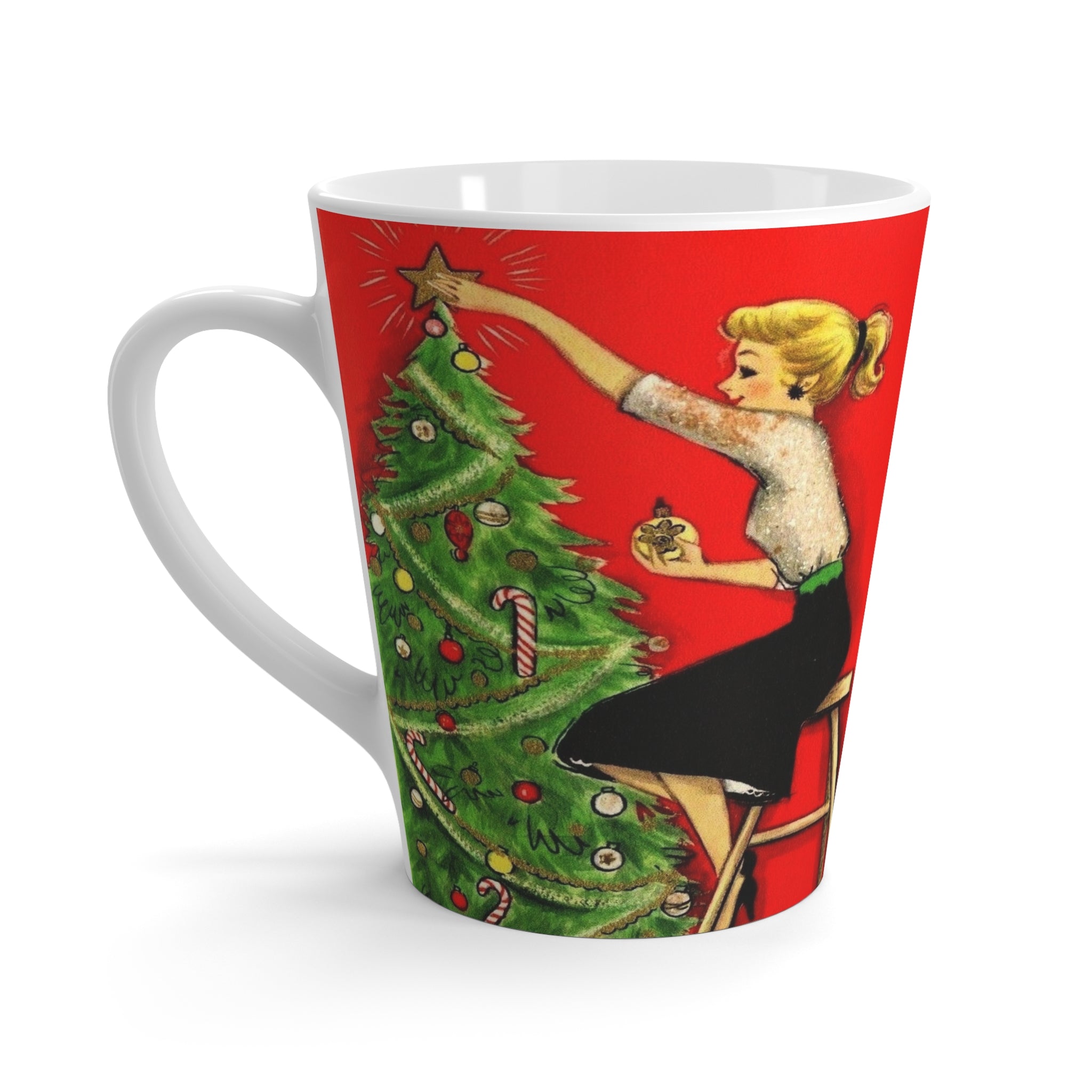 Lady Decorating Christmas Tree Mid Century Retro Christmas Print Latte Coffee Mug