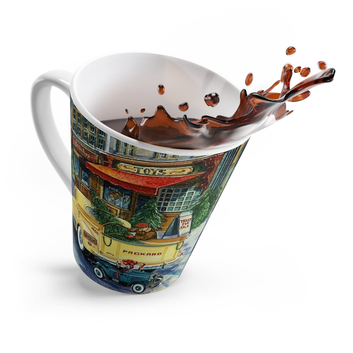 Yellow Christmas Truck In Front Of Town Toystore Retro Christmas Print Latte Coffee Mug