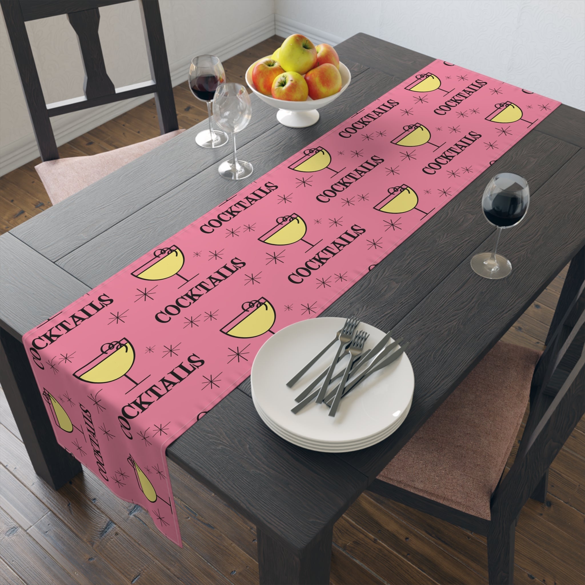 Cocktails Pink Atomic Mid Century Retro Style Design Cotton Poly Table Runner