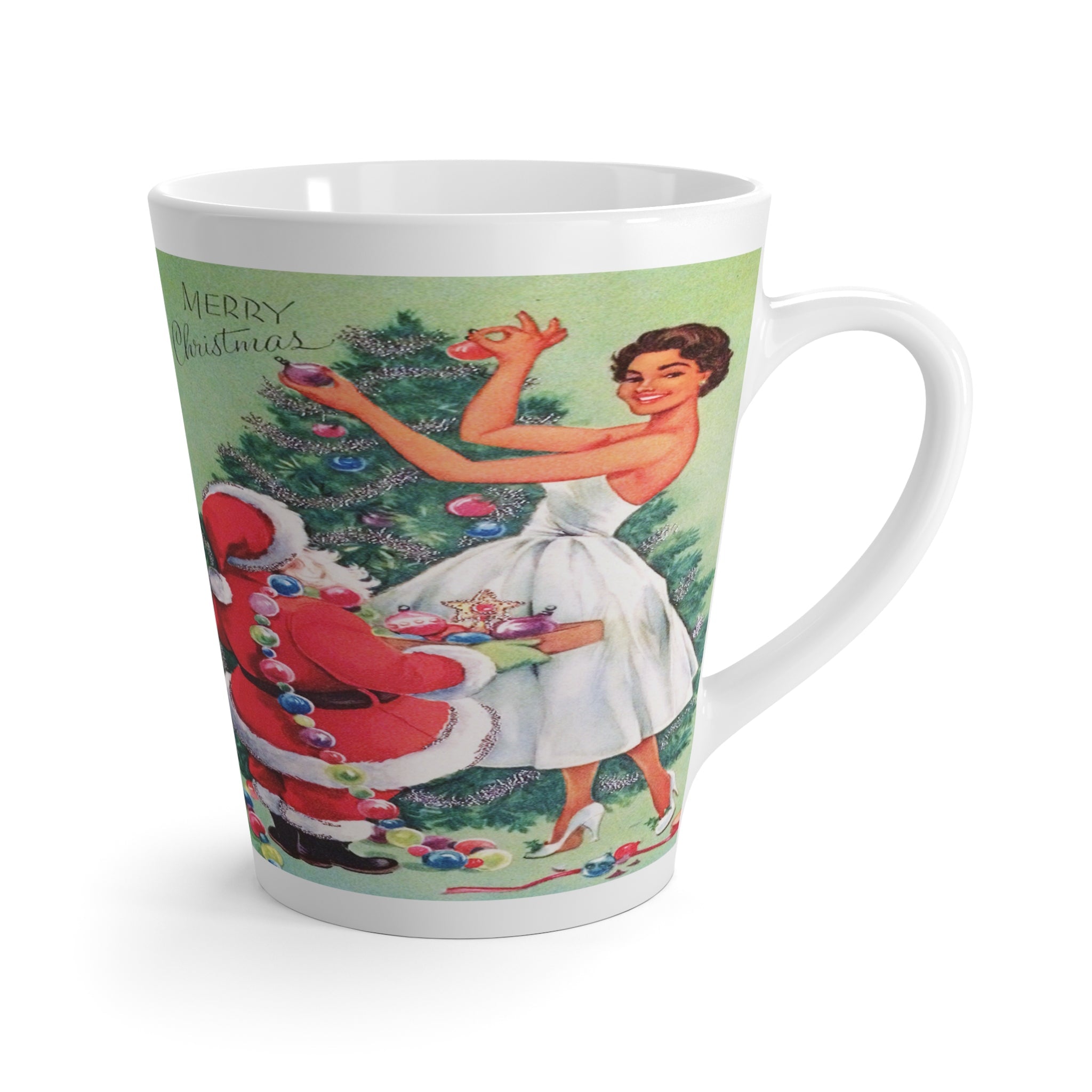 Merry Christmas Santa Tree Lady Mid Century Retro Christmas Print Latte Coffee Mug
