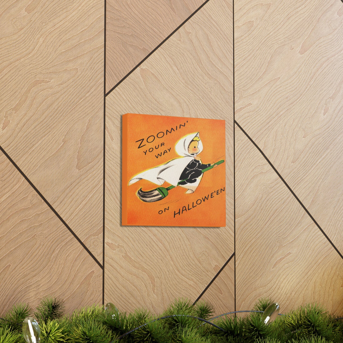 Zoomin' Your Way On Halloween Orange Witch On Broom Retro Halloween Decor Print Canvas Gallery Wrap