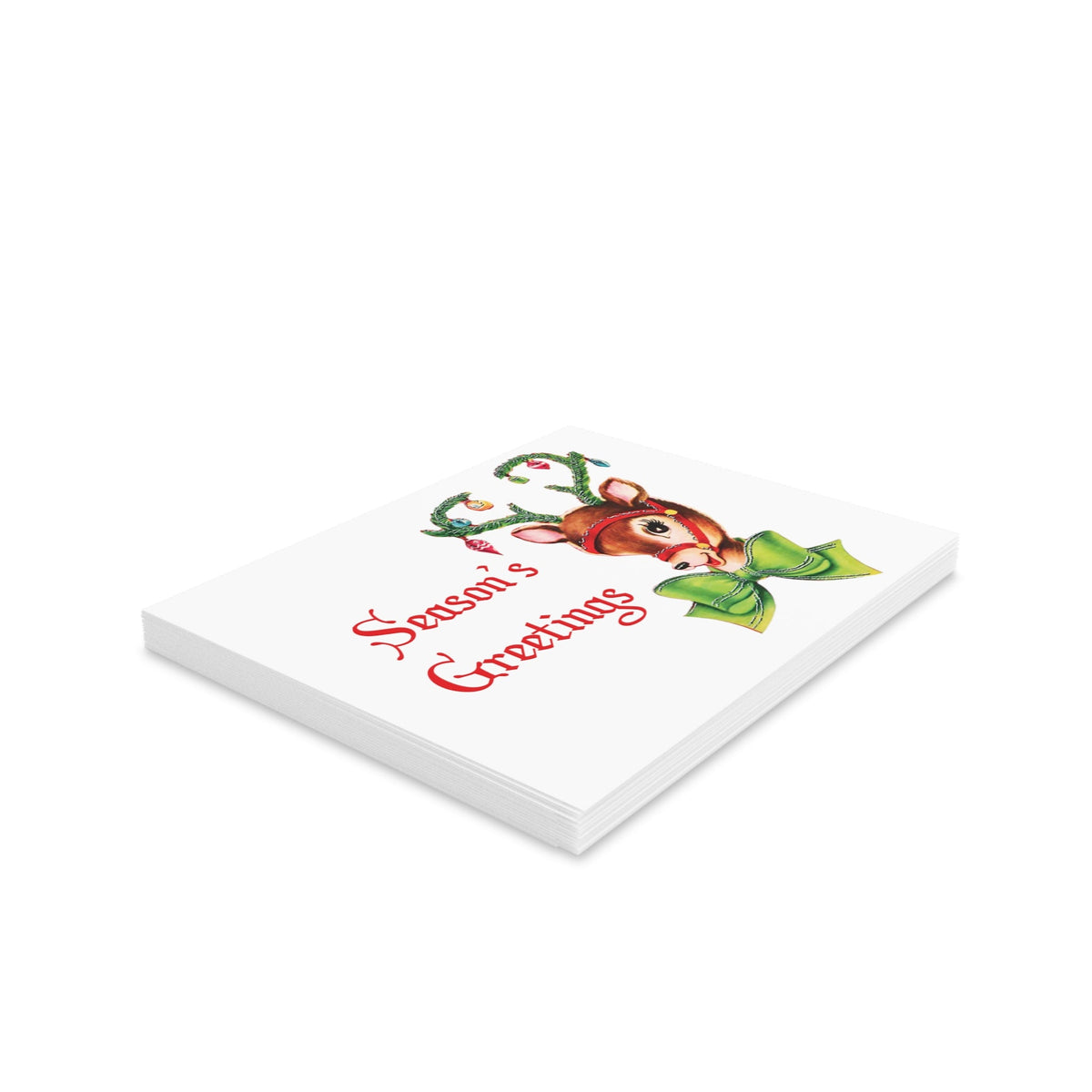 Season's Greetings Reindeer Ornament Tinsel Antlers Mid Century Retro Christmas Print Matte Greeting Cards (8, 16, and 24 pcs)