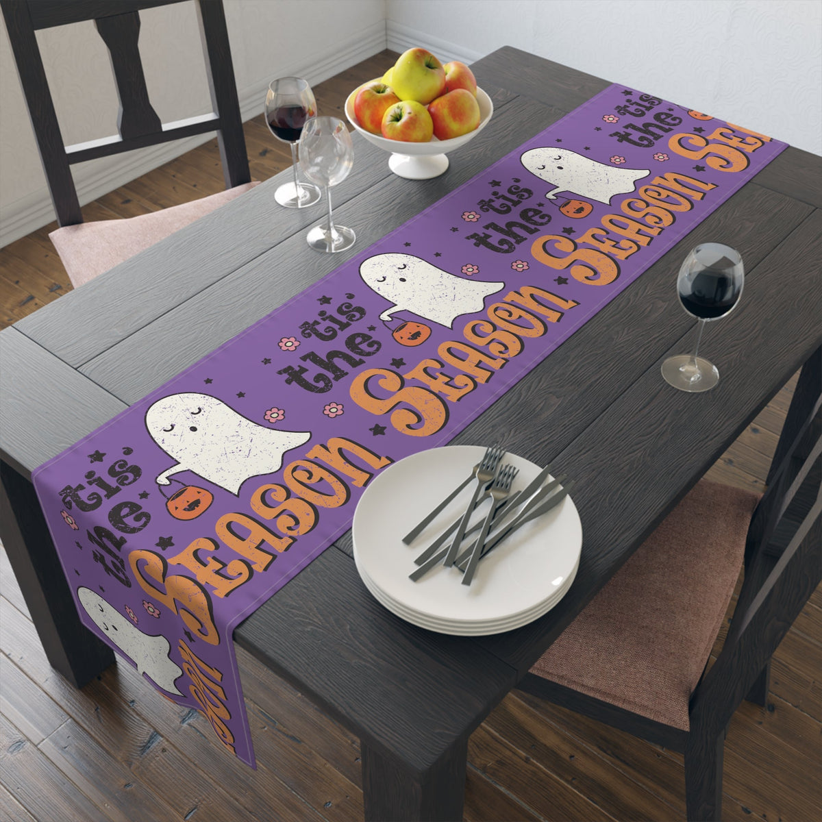 Tis The Season Trick Or Treat Ghost Distressed Halloween Print Fall Autumn Decor Cotton Poly Table Runner