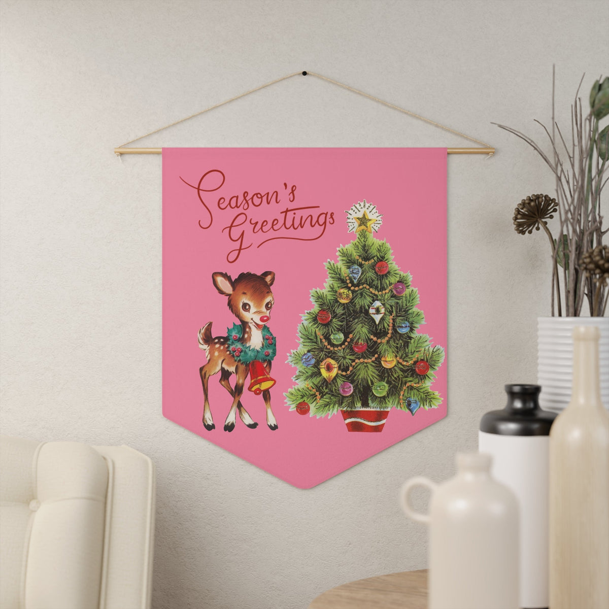 Season's Greetings Reindeer Tree Pink Mid Century Retro Christmas Print Wall Hanging Banner Flag