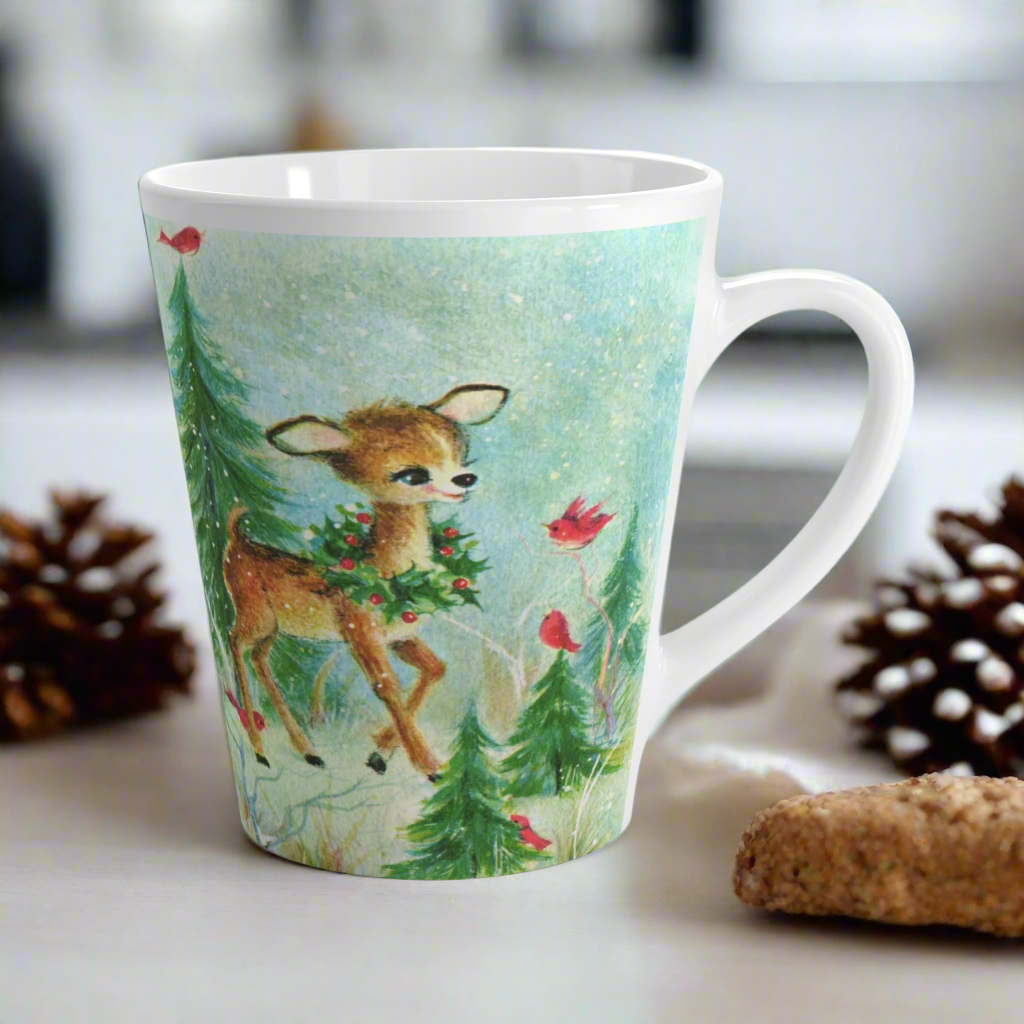 Baby Deer Fawn Red Birds Woodland Retro Christmas Latte Coffee Mug