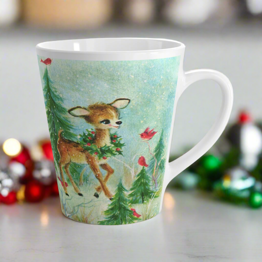 Baby Deer Fawn Red Birds Woodland Retro Christmas Latte Coffee Mug