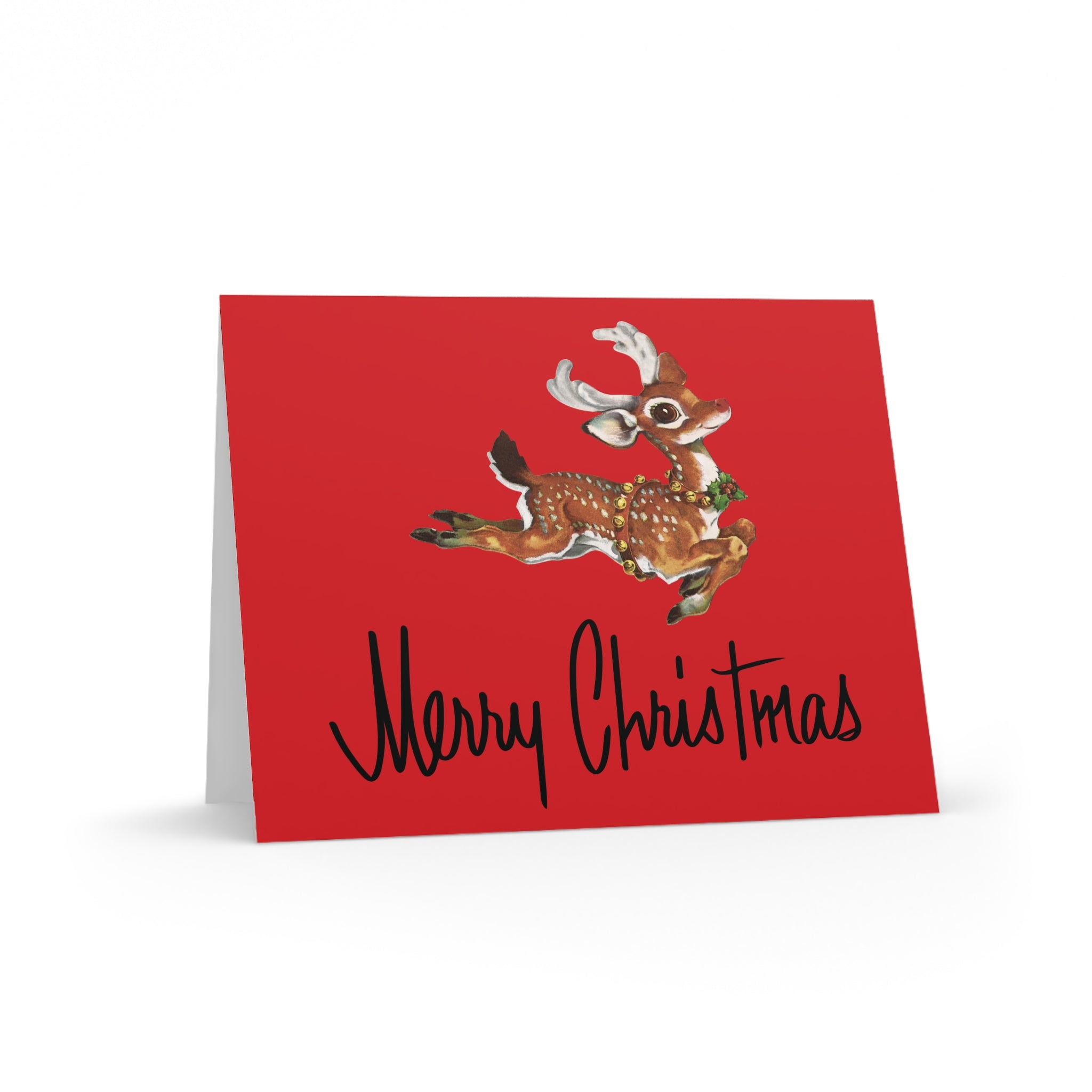 Merry Christmas Leaping Reindeer Mid Century Retro Christmas Print Matte Greeting Cards (8, 16, and 24 pcs)
