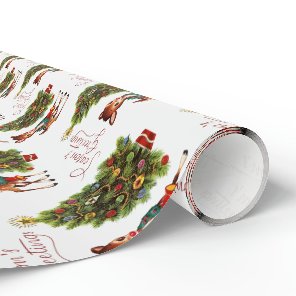 Season's Greetings Reindeer With Wreath And Christmas Tree Mid Century Retro Christmas Print Holiday Gift Wrap Paper - Glossy Or Matte